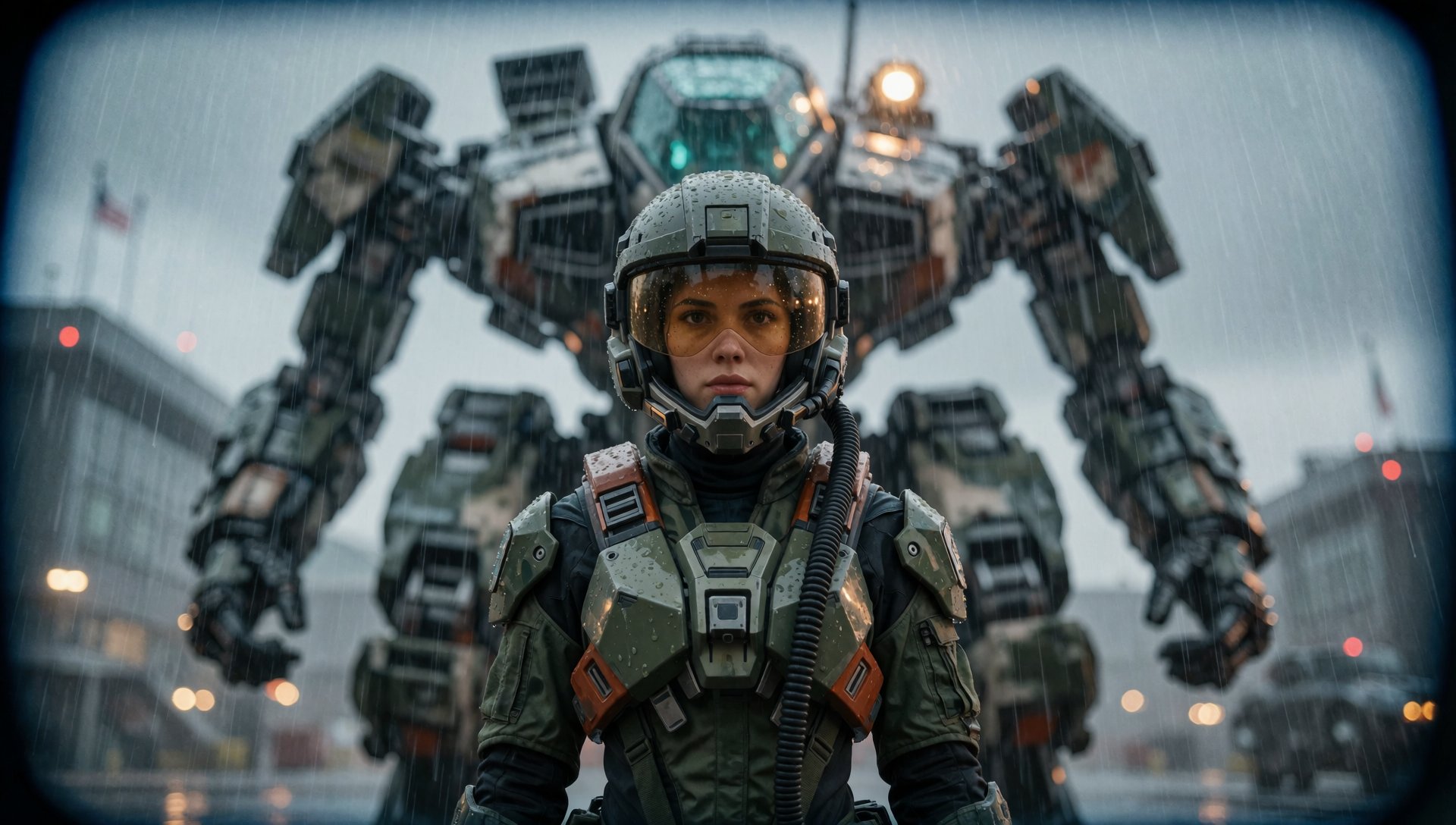 cinematic film still portrait of a solo female mech pilot standing in front of her ,  scifi armor,  military base by Adere...