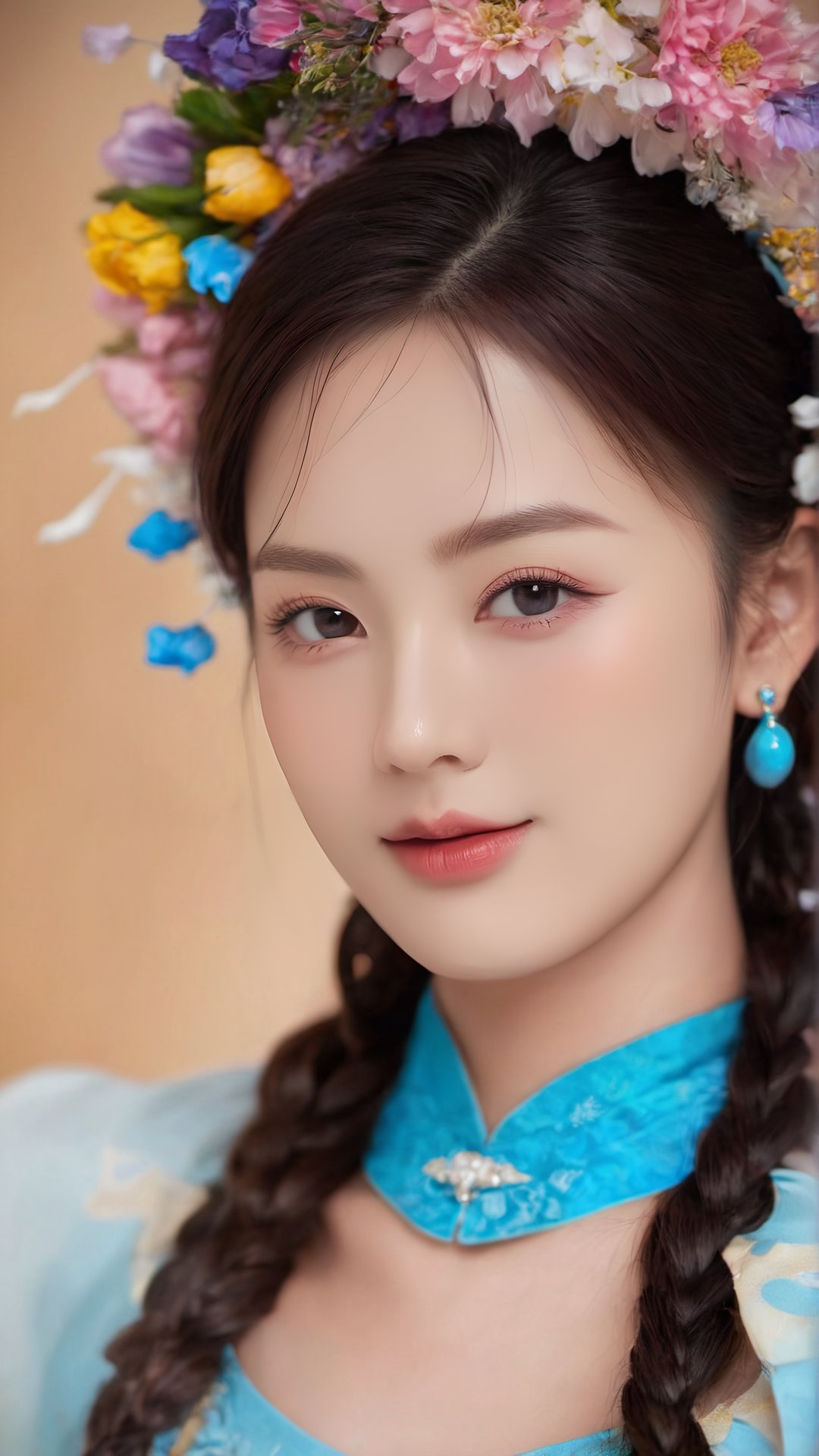 (((Best quality, masterpiece, ultra high res, ultra-detailed, ultra realistic, depth of field, film grain, bokeh))), (full body shot), (((beautiful background))), 1girl, (((flowers headband))), actress, music idol, (((smile))), happy, (lying ), (((outstretched arms ))), (((seductive outfit))), (((wear hanfu))), ((light blonde hair)), graceful neck and shoulders, (((huge breasts))):1.5, (((nipples, pussy, pubic hair))), perfect body, big butt, wide hip, thigh highs, beauty legs, dreamy blue eyes, (glossy lips):1.5, (close lips):1.5, detailed skin texture, (((looking at viewer))), hair ornament, necklace, earrings, rings, mystery, majestic, scenery, exquisite, stunning, delicate, elegant, glowing, graceful, charming, alluring, seductive, erotic, enchanting, mesmerizing, femininity, ethereal, shiny, (((rimlight, perfect shadows, gorgeous light and shadow, stunning environment, subsurface scattering, sharp focus, extravagant and vivid composition, meticulously staged framing, focus on intricate details, vibrant and surreal colors))), <lora:FlowersHeadband:0.8>, necklace , soft lighting,gorgeous light and shadow, stunning environment,vibrant colors, long hair , Straight hair , black hair 