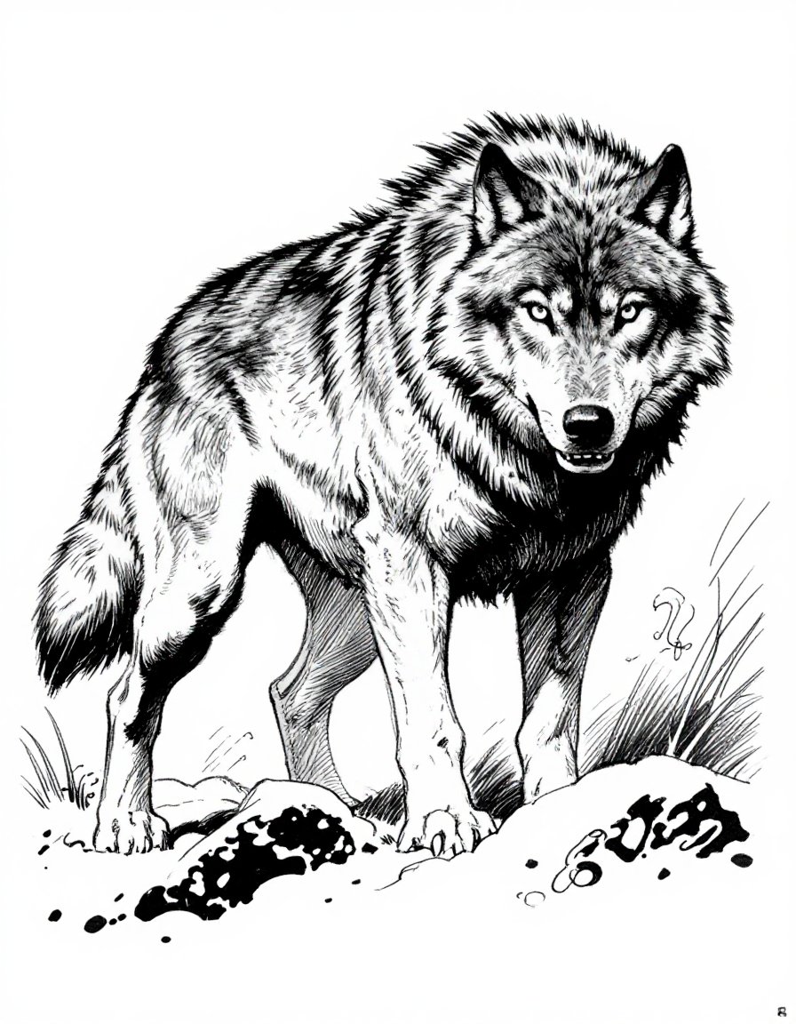 z_frazetta_ink,  giant wolf in the snowy wilderness,  harsh conditions by inknoir on Tensor.Art