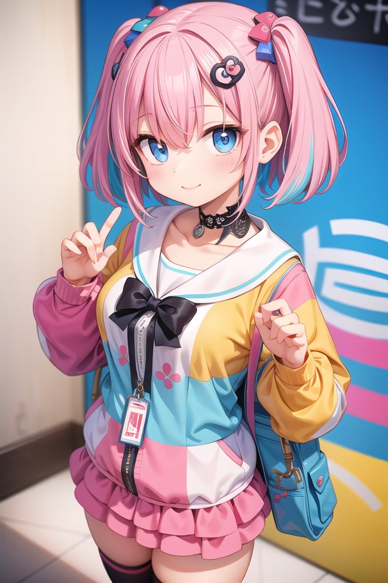 insanely detailed, absurdres, ultra-highres, ultra-detailed, best quality,1girl, solo, nice hands, perfect handsBREAK(Harajuku-style Decora pank fashion:1.5), (girl with layered colorful clothing:1.3), (multiple hair clips),knee-high socks with different patterns, carrying a plushie, standing in front of a graffiti wallBREAK(nsfw:-1.5)BREAKhappy smile, laugh, closed mouthBREAK,standing, cowboy shot, looking at viewerBREAKslender, kawaii, perfect symmetrical face, ultra cute girl, ultra cute face, ultra detailed eyes, ultra detailed hair, ultra cute, ultra beautifulBREAKin school ground, depth of field, ultra detailed backgroundBREAKmedium large breastsBREAK(random color hair, multicolored hair:1.2), rainbow color eyes, bob with bangs, hair between eyes