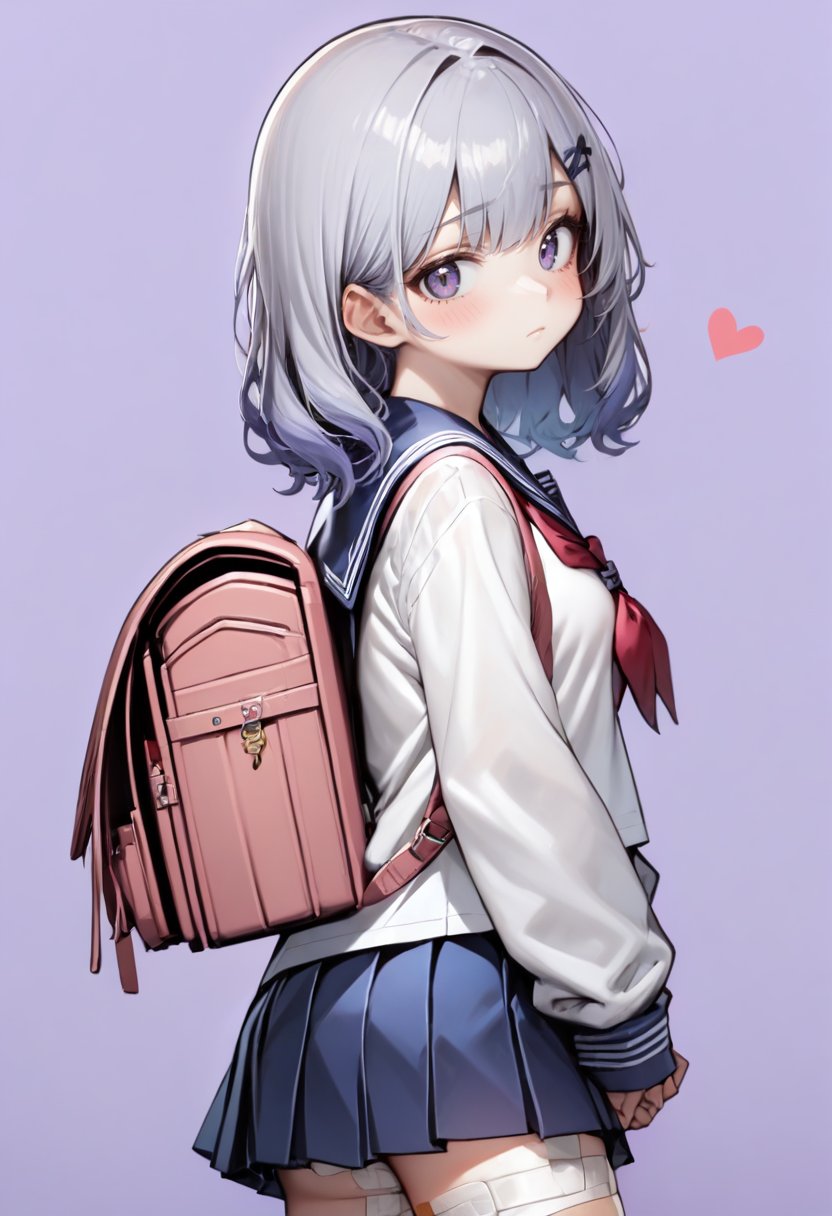 1girl, backpack, bag, bandaged leg, bandages, bandaid, bandaid on leg, blue sailor collar, blue skirt, blush, closed mouth, long sleeves, looking at viewer, looking to the side, pleated skirt, purple background, sailor collar, school uniform, serafuku, shirt, skirt, sleeves past wrists, solo, two-tone background, white background, white shirt, 