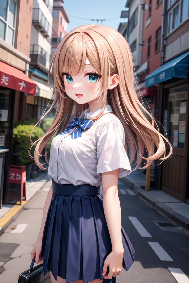 insanely detailed, absurdres, ultra-highres, ultra-detailed, best quality,1girl, solo, nice hands, perfect handsBREAKsummer school uniform, (plain dark blue skirt with many pleats:1.4), (striped indigo blue bowtie:1.3), short sleeves, white shirt, shirt with white button, shirt_tucked_inBREAK(breast pocket, vest, blazor, long sleeves, checked skirt, striped skirt, striped shirt, striped sleeves, bra visible through clothes, skirt with frill:-1)BREAK(nsfw:-1.5)BREAKsmile, open mouthBREAKfrom side,standing, cowboy shot, looking at viewerBREAKslender, kawaii, perfect symmetrical face, ultra cute girl, ultra cute face, ultra detailed eyes, ultra detailed hair, ultra cute, ultra beautifulBREAKin japanese street, cityscape in japan, depth of field, ultra detailed backgroundBREAKlarge breastsBREAKorange hair, green eyes, wavy hair,