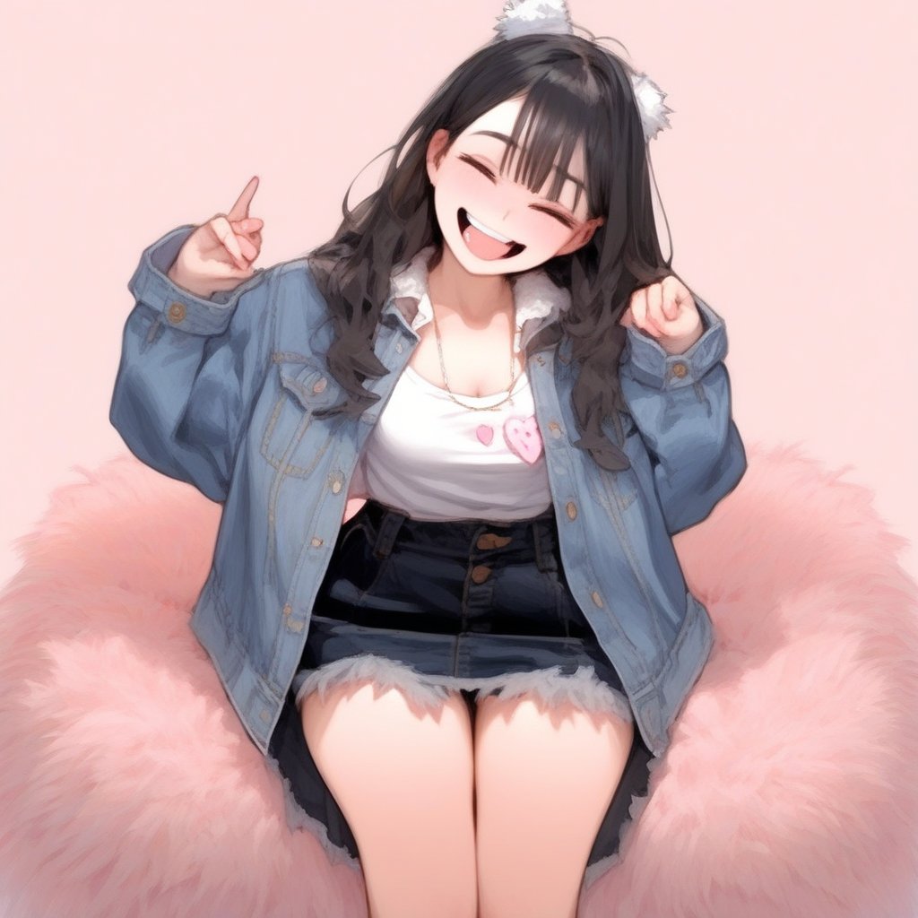 black skirt, denim skirt, necklace, fur trim, large breasts, popsicle, pillow hug, long sleeves, grin, hair bow, hair flower, clothes around waist, no shoes, blush