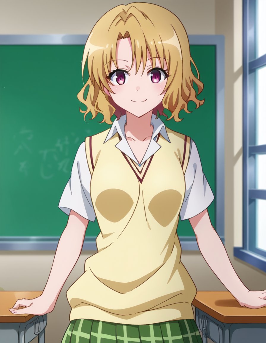 score_9, score_8_up, score_7_up, source_anime,risamomioka, <lora:risa-momioka-darkness-ponyxl-lora-nochekaiser:1>,risa momioka, short hair, blonde hair, wavy hair, parted bangs, purple eyes,green skirt, plaid, plaid skirt, sainan high school uniform, school uniform, skirt, sweater vest, thighhighs, yellow sweater, short sleeves, bow, green bow,indoors, classroom, smile,looking at viewer, cowboy shot, dutch angle,