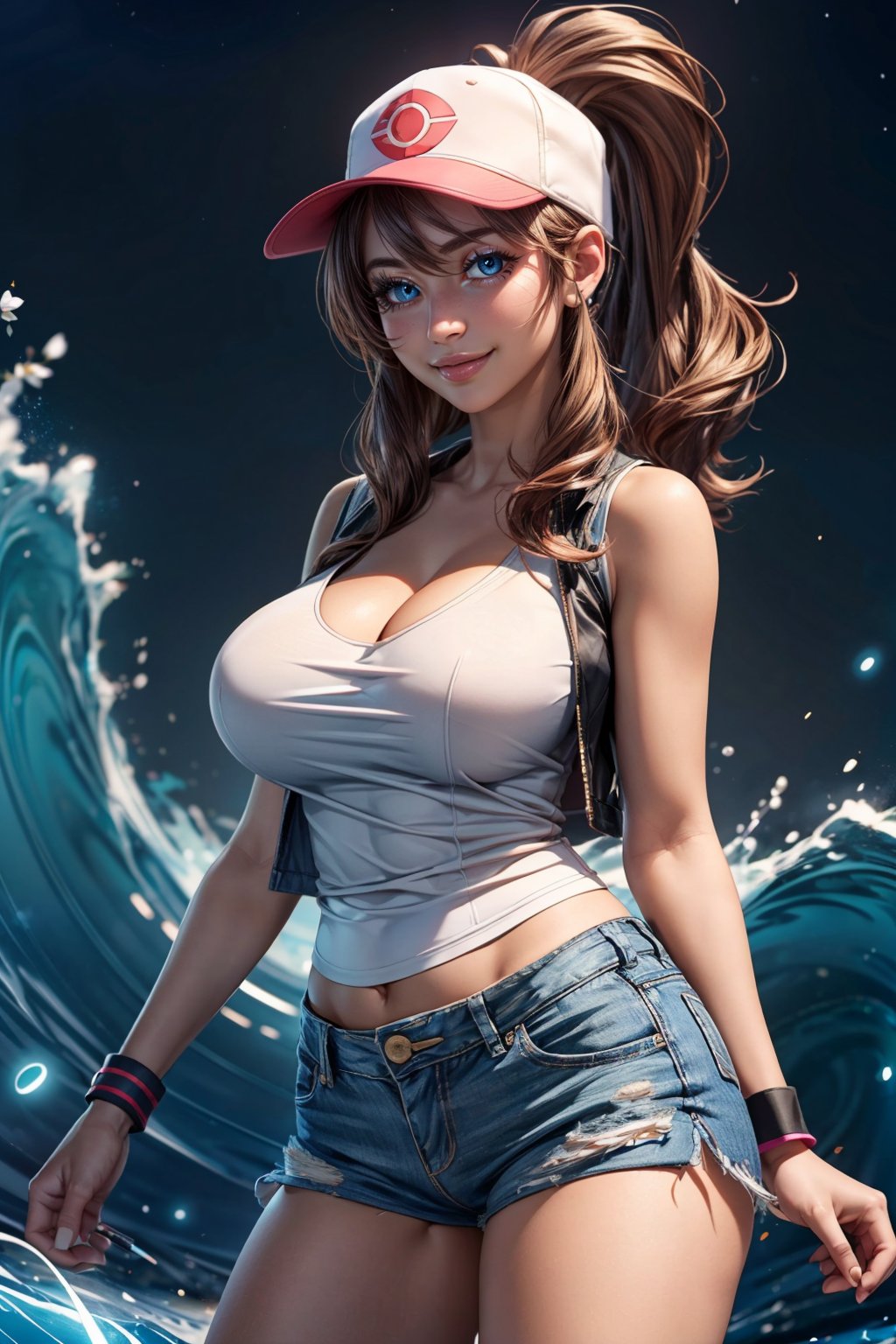 (ultra realistic,32k, masterpiece:1.2),(high detailed skin:1.1),( high quality:1.1),  <lora:HildaPokemon_v5:0.5>,   zzHilda, blue eyes, long hair, high ponytail, sidelocks,  hat, collarbone, white shirt, black vest, sleeveless, wristband, short shorts, denim shorts, exposed pocket,  wide hips, solo, smile, looking at viewer, cowboy shot,  blooming stars, luminescent petals, otherworldly fragrance blurry background, (looking at viewer, standing:1.1), huge breast, large breast, <lora:add_detail:0.92>, (glowwave:1.1),