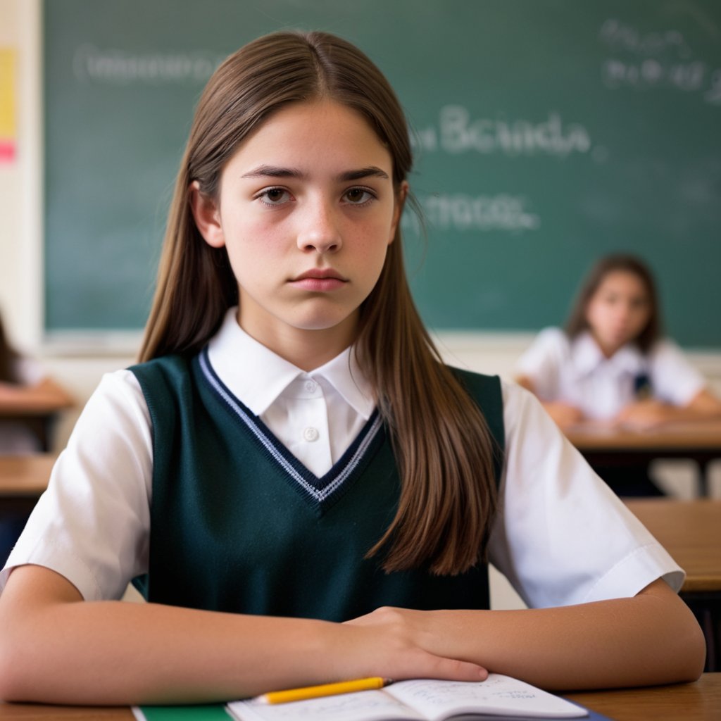 A 15-year-old girl with medium-length, straight brown hair, dressed in a school uniform. She is in a classroom with a blurred chalkboard in the background. Her expression is one of concentration and determination, captured perfectly with the f/1.8 aperture setting.