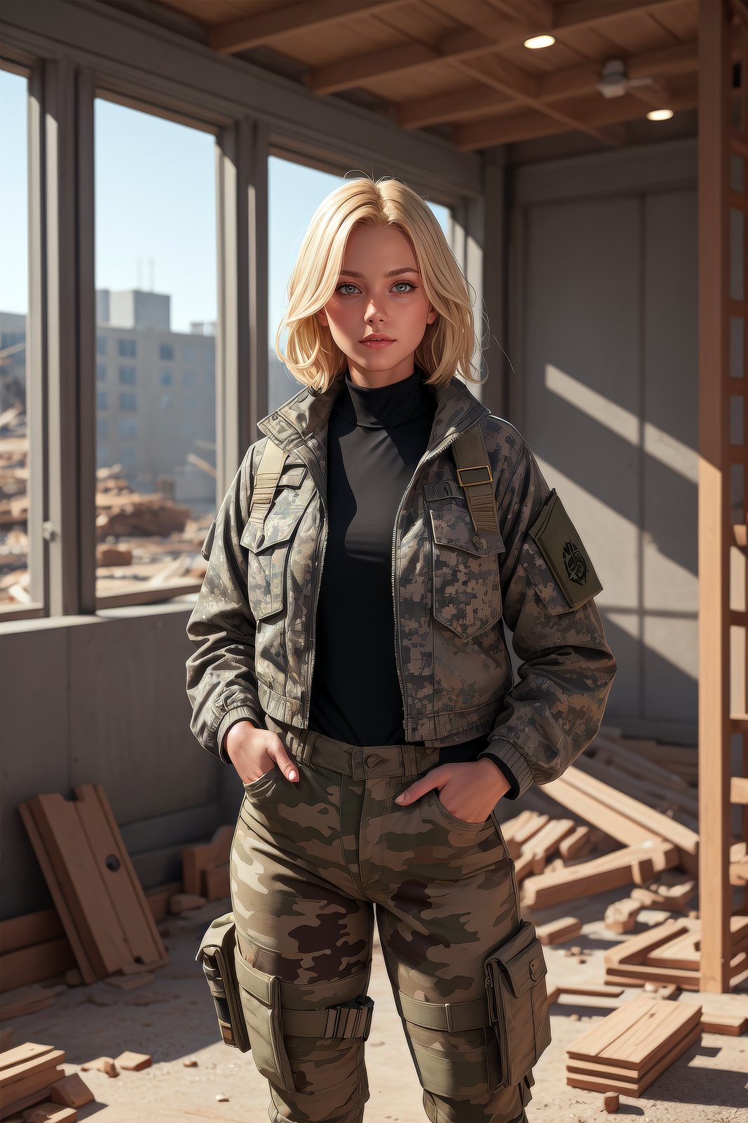 highres, masterpiece, perfect lighting, bloom, cinematic lighting, adult, female, looking at viewer, upper body, 1girl, blonde, camo pants, jacket, military jacket, hands inside pockets, in front of the viewer, bulletproof vest, magazine bags, modern construction site