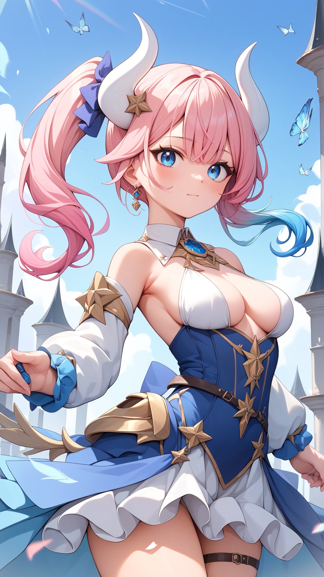 Score_9, score_8_up, score_7_up, masterpiece, best quality, 1girl, blue eyes, (Gradient hair:1.1), White horns, Side ponytail, (Medium breasts:1.0), Light Pink hair with blue hair tips