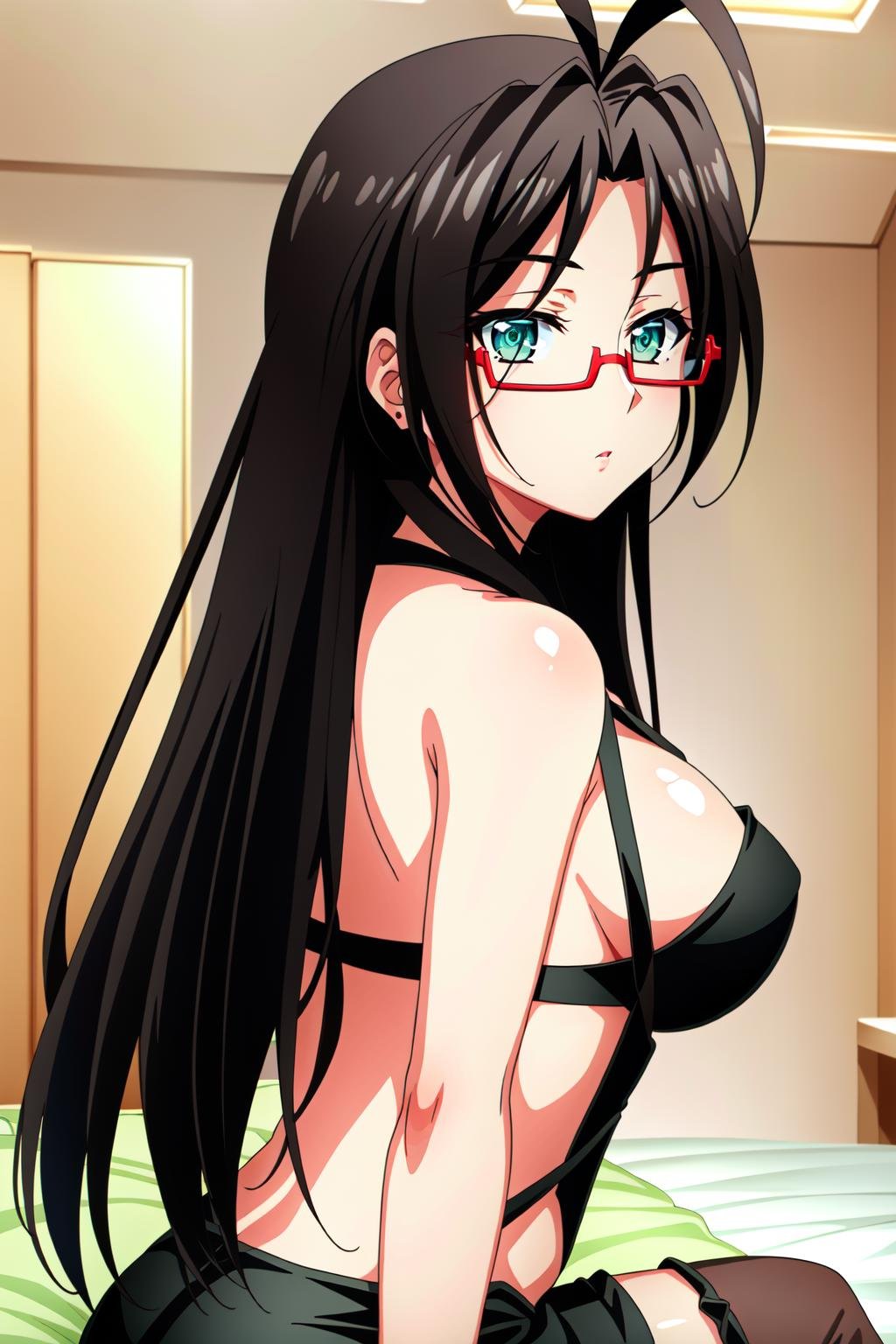 <lora:OGT_Chisato_Hasegawa-v3:0.7>  Chisato Hasegawa, 1girl, solo, red frame glasses, Black hair, long hair, antenna hair, breasts, shirt, large breasts, open clothes, open shirt, Beautiful Green eyes, looking back at viewer, facing away, reverse straddle, ass, cleavage, Beautiful Detailed Eyes, (((halter top dress, Black Leggings, Knee High Boots,))) suducing stare, upper body, in a room, innocent look, ((Extremely Detailed)), ((Best Quality)), ((Masterpiece)), ((4k)),