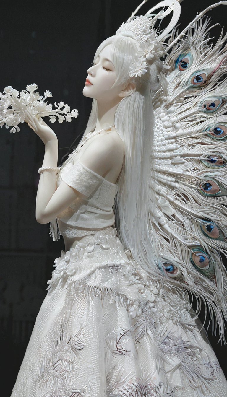 dehuabaici, closed eyes, white hair, long hair, beautiful young woman skin made of porcelain ,miaoyuansu, miao5, exquisite facial features,hair ornament, hat, bracelet, necklace, dancing, belt, upper body, bare shoulders, night, starry sky, moon, ray tracing,colorful,fireflies,  feathers, peacock feathers, peacock, peacock fanning out its tail in a splash of colours, cold theme, Miao outfit, meticulous silver headdress, an array of ornate jewelry adorned with silver coins, neon lighting, Scenes from dreams, beautiful scenes, dreamy beautiful forests, glowing beautiful plants, white long hair fluttering in the wind, fluorescent liquid splashing from the edge of the skirt, scatteringbacklighting, low angle shot, from below, wide shot, soft,stunning colors,light particles,<lora:dehuabaiciSDXL-000011:0.9> <lora:miaoyuansuSDXL-000009:0.4>