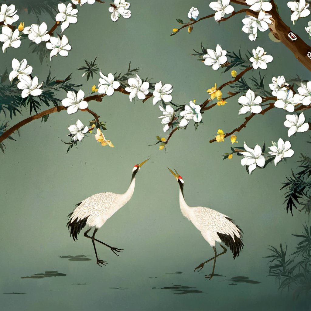 guofeng, no humans, flower, crane \(animal\), bird, branch, water, fine art parody,  <lora:guofeng_v1.0xl:1>, masterpiece, best quality,