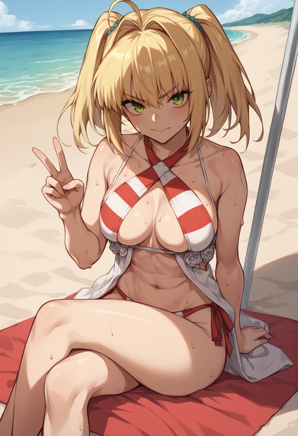 1girl, blonde hair, twintails, long hair, green eyes, ahoge, Striped Bikini, criss-cross halter, outdoors, beach. sitting, floor, sweat, towel, crossed legs, looking at viewer, v  <lora:Mochiron_yo_da_yo:1>, score_9, score_8_up, score_7_up, score_6_up, score_5_up, score_4_up, BREAK source_anime, masterpiece