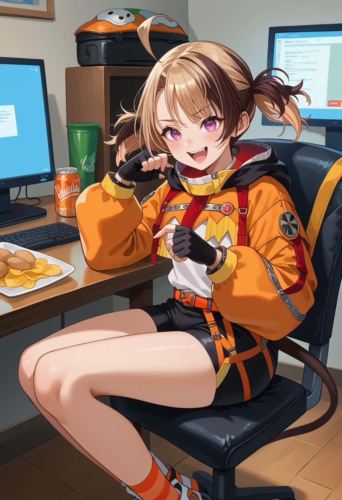 score_9, score_8_up, source_anime, 1girl, solo, GigiMurin, multicolored hair, short twintails, ahoge, orange jacket, cropped jacket, white shirt, black fingerless gloves, orange belt, black shorts, single thighhigh, striped thighhigh, tail, indoors, potato chips, table, computer, sitting, on chair, laughing, <lora:ChamGigiMurinPonyXL:1>