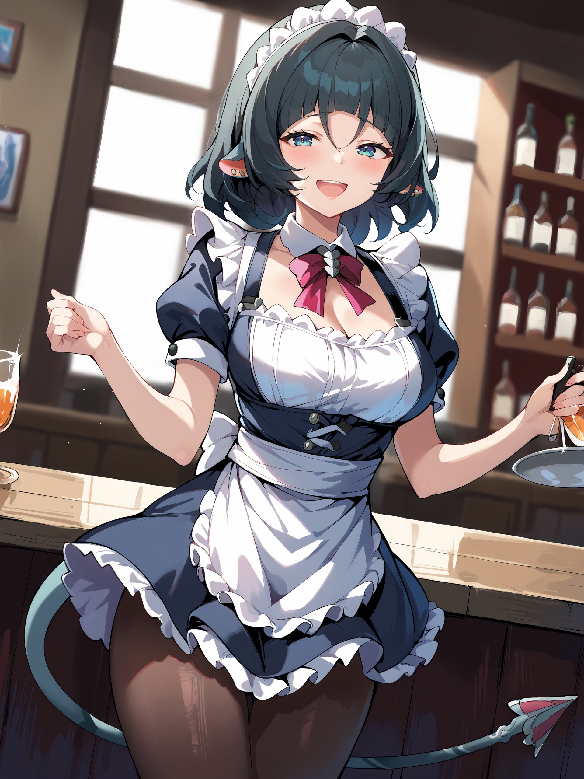 1girl, jane doe \(zenless zone zero\), long hair, solo, maid, maid headdress, maid apron, smile, embarrassed, pantyhose, open mouth, smug, cowboy shot, bar \(place\), indoors, depth of field, seductive smile , looking at viewer, tail <lora:Char-ZZZ-JaneDoe-V1-Pony:1> score_9, score_8_up, score_7_up, source_anime  