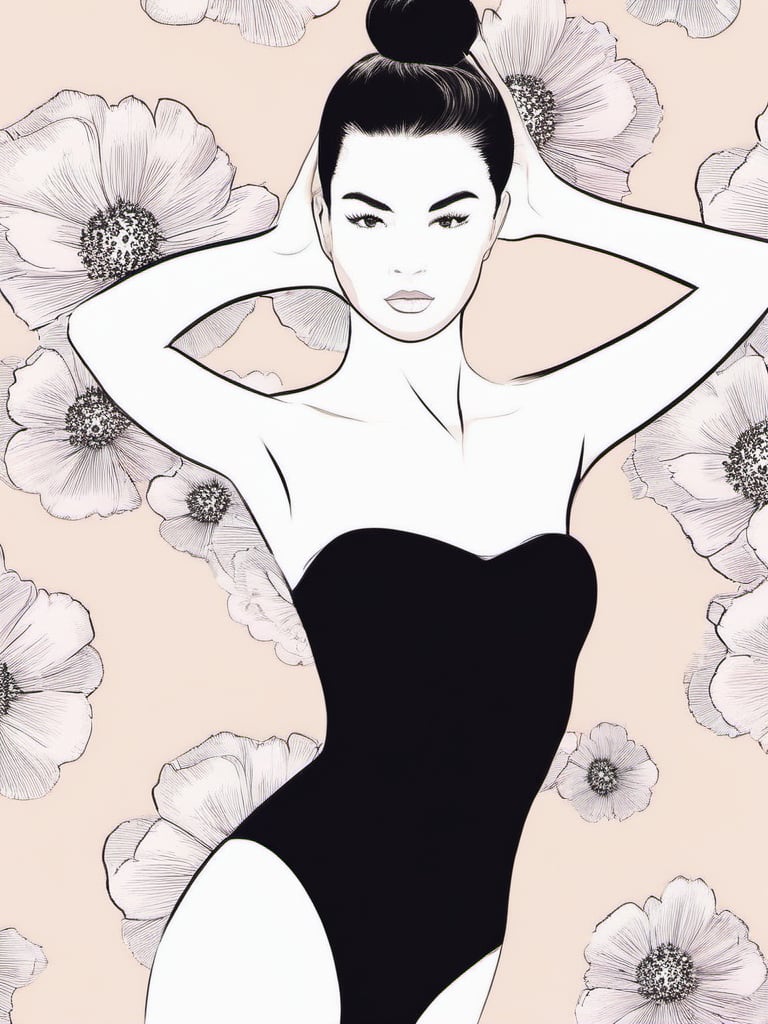 1NK , <lora:1NK:1>,The image are a black and white illustration of a young woman in a strapless bodysuit. She is standing with her arms stretched above her head and her legs slightly bent at the knees. Her hair is styled in a high bun and she has a serious expression on her face. The background is a light pink color with a floral design. The overall style of the illustration is elegant and sophisticated.