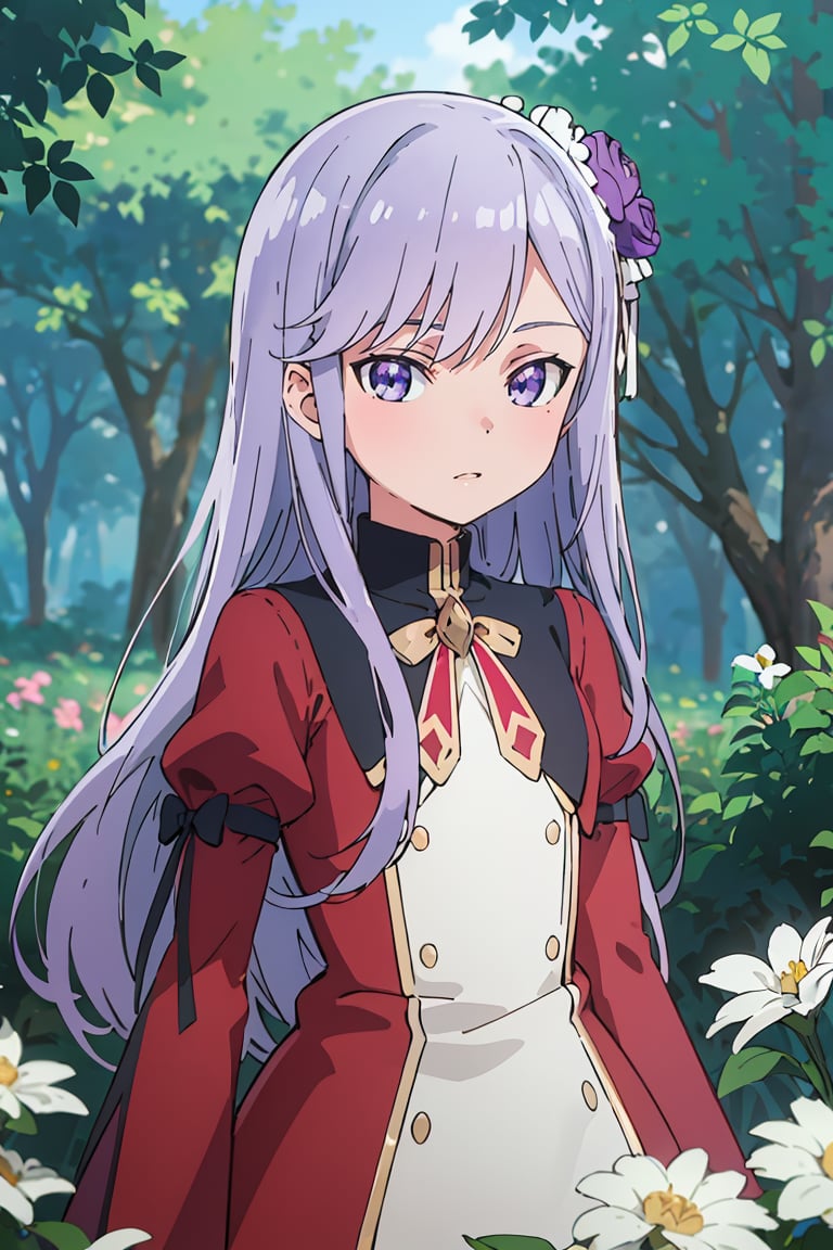 masterpiece, best quality, ultra-detailed, glistening shiny, glowing light, ray tracing, HDR, deph of field, (perfect face, detailed face), <lora:ChristinaBeltrum:0.8>, christinabeltrum, long hair, flower hair ornament, flat chest,  red dress, black collar, puffy sleeves, long sleeves, standing