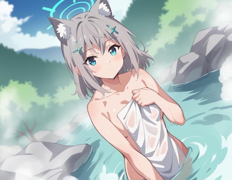 score_9, score_8_up, score_7_up, source_anime, <lora:shiro-sunaookami-s1-ponyxl-lora-nochekaiser:1>, shiroko sunaookami, animal ears, blue eyes, grey hair, hair ornament, hairpin, halo, medium hair, wolf ears,, nude, naked, outdoors, onsen, towel, naked towel, steam, bathing, nude cover, partially submerged, water, bath, steam censor, wet towel, blush, looking at viewer, solo, cowboy shot, dutch angle