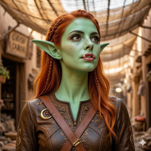 Photograph of a green-skinned,  young female goblin with long,  red hair and pointed ears by Kiks on Tensor.Art