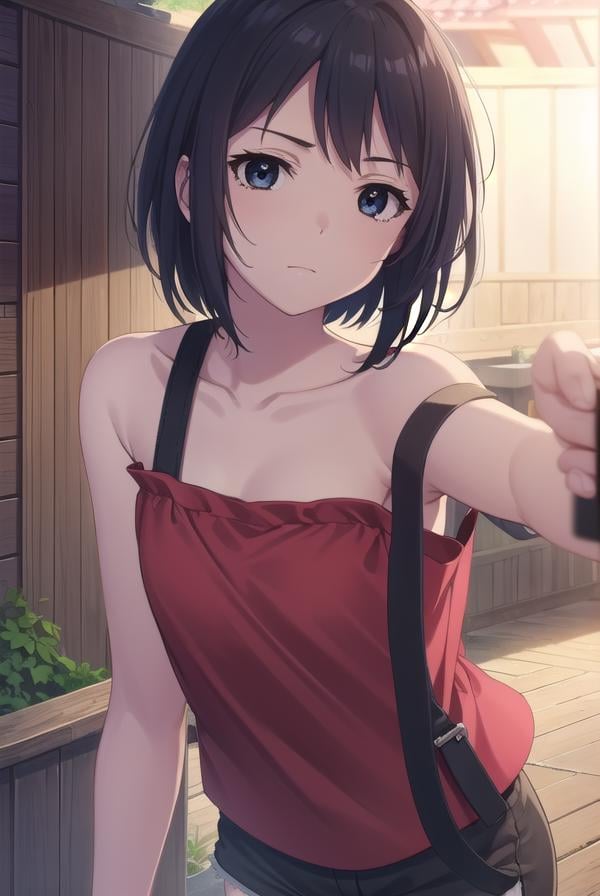 keikosanjou, <lora:keiko sanjou s1-lora-nochekaiser:1>,keiko sanjou, short hair, black hair, (black eyes:1.5),BREAK shorts, black shorts, camisole, bare shoulders, collarbone, (red camisole:1.5),BREAK outdoors, shrine,BREAK looking at viewer, (cowboy shot:1.5),BREAK <lyco:GoodHands-beta2:1>, (masterpiece:1.2), best quality, high resolution, unity 8k wallpaper, (illustration:0.8), (beautiful detailed eyes:1.6), extremely detailed face, perfect lighting, extremely detailed CG, (perfect hands, perfect anatomy),