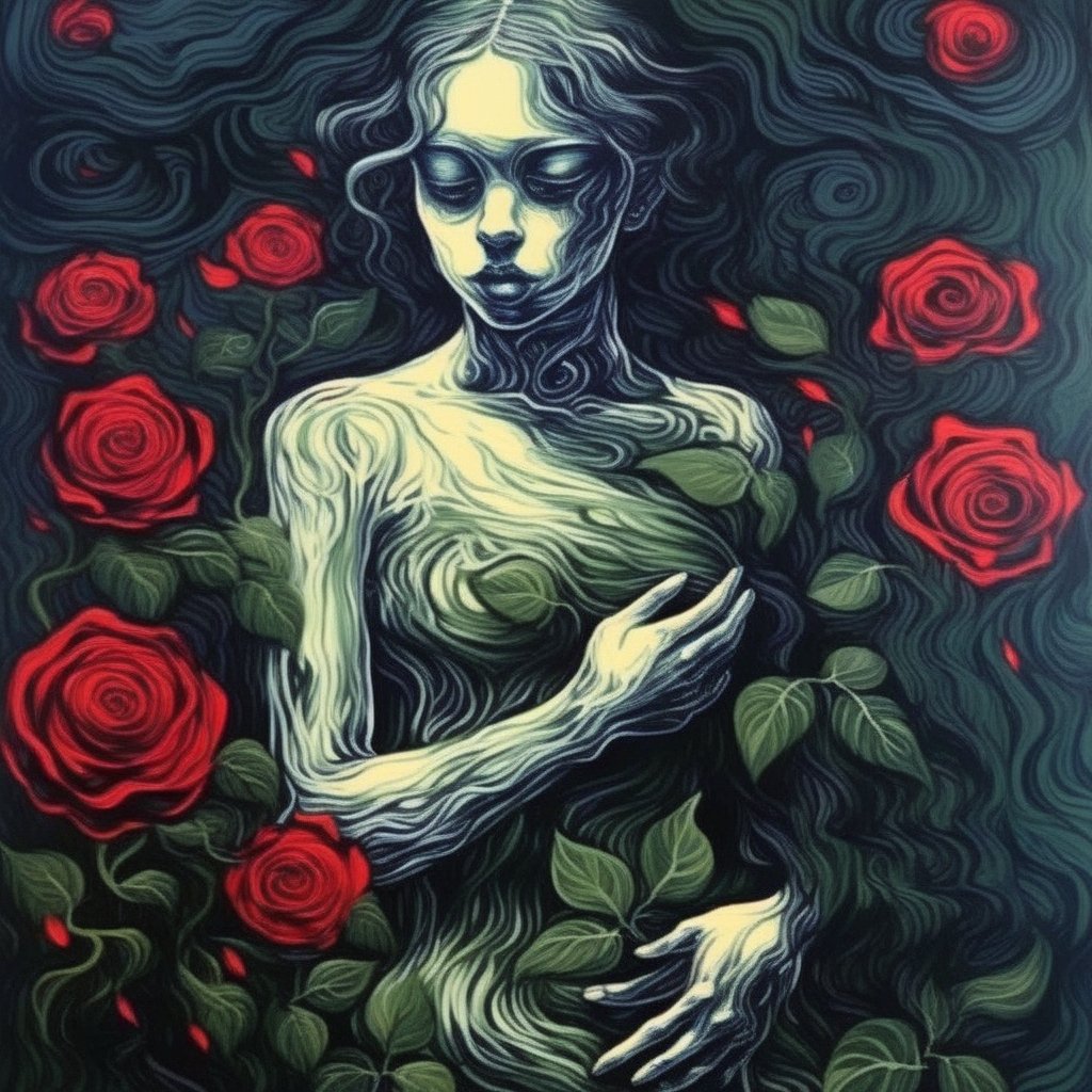 linquivera girl and rose in garden, surrealistic <lora:linquivera:1>