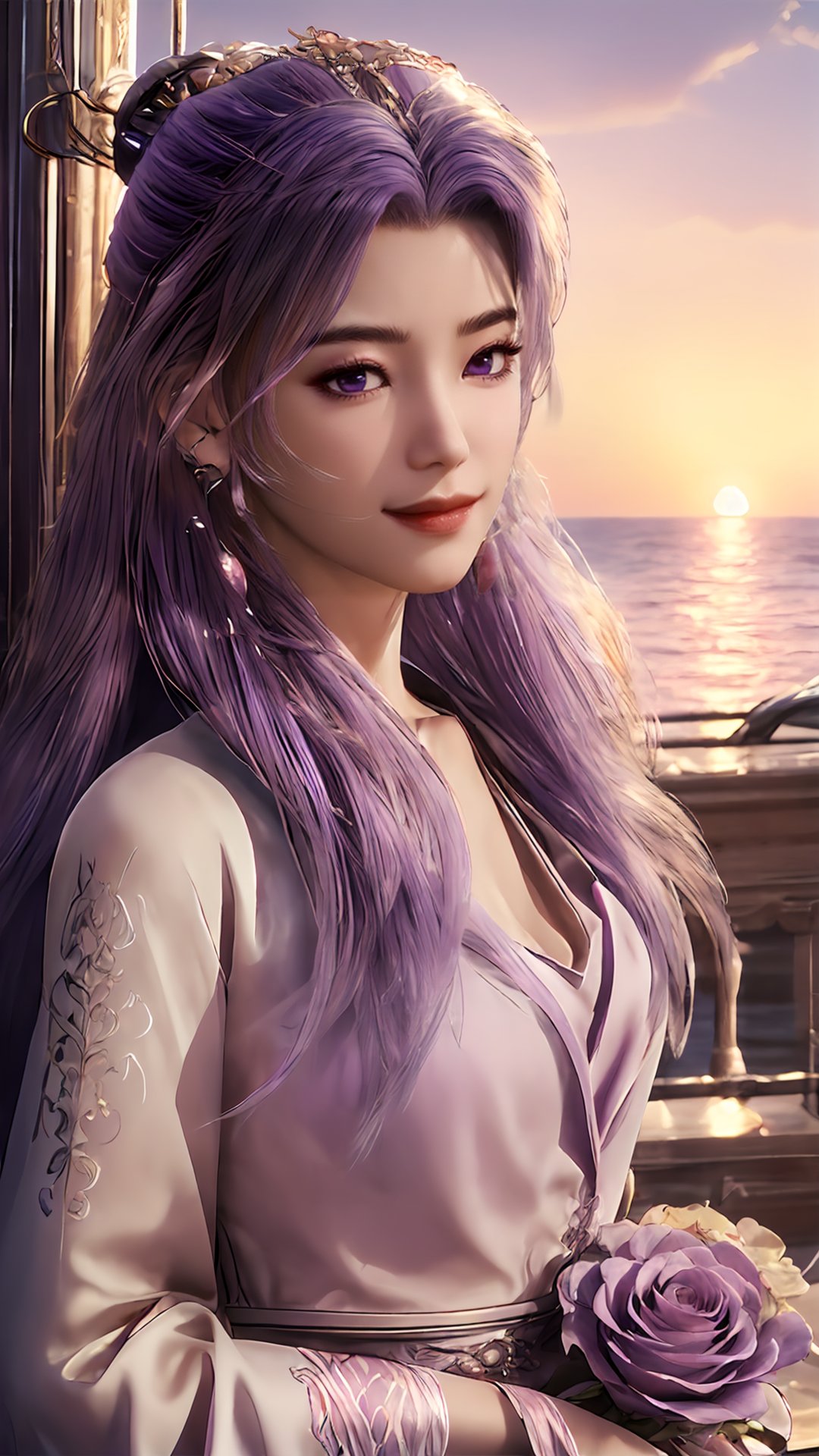 yx,solo,1girl,yx_dress,jewelry,earrings,long hair,purple eyes,looking at viewer,purple hair,closed mouth,realistic,<lora:yx_20240421194232:0.8>,<lora:玫瑰花场景-王导:0.6>,pink rose,flower sea,sunset glow,close ups,smile,cowboy shot,