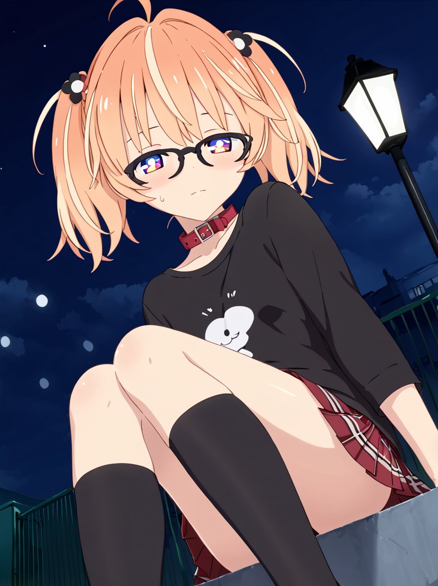 detailed background, shiny skin,<lora:rinrinne.pony:0.8>,rinrinne, glasses, casual clothing, skirts, thighhigh socks, black sweatshirts, collar, , half-closed eyes, zettai ryouiki, metal fence, sit, leaning, low angle, night, street lights, 