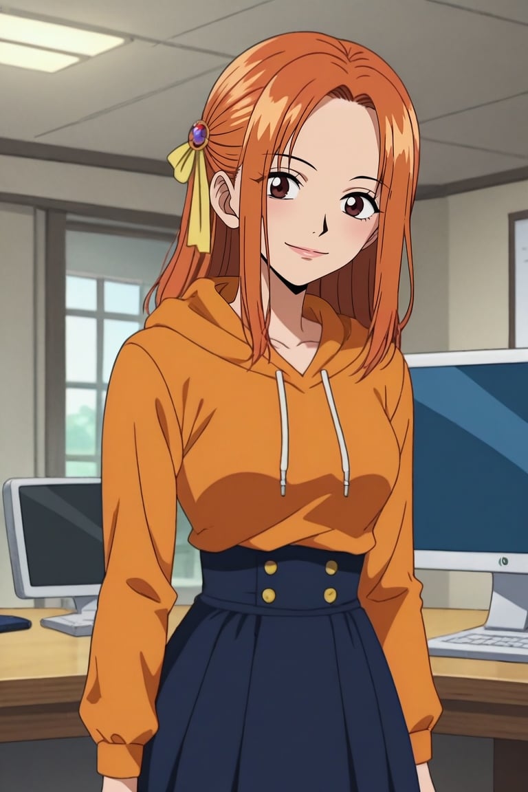 score_9, score_8_up, score_7_up, source_anime, anime screencap, rating_safe, intricate details, , depth of field, 1girl, dark brown eyes, orange hair, top knot hair, hair ribbon, gradient hoodie, high-waist skirt, heart hair ornament, solo, cowboy shot, office, computers, indoors, dark, yoga, happy, <lora:one_piece_style_pony:1.1>, one_piece_style, , <lora:sdxl_lightning_8step_lora:1>