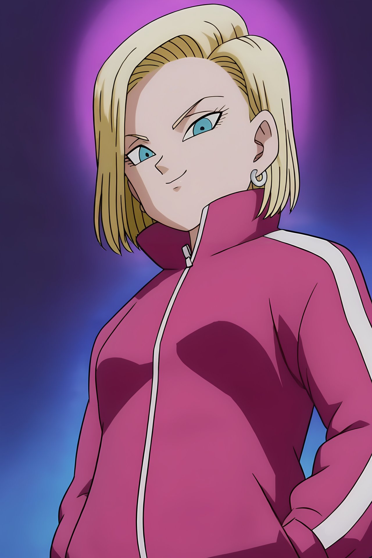 source_anime, score_9, score_8_up, score_7_up, anime screencap, high quality, android 18, dragon ball super, official style, 1girl, solo, looking at viewer, smile, short hair, blue eyes, blonde hair, upper body, track jacket, hands in pockets, pink jacket, aura, collar up, collarbone, arm at side, from below, looking down at viewer, two tone jacket, long sleeves, zipper, silver earring <lora:c18_pony:0.8>