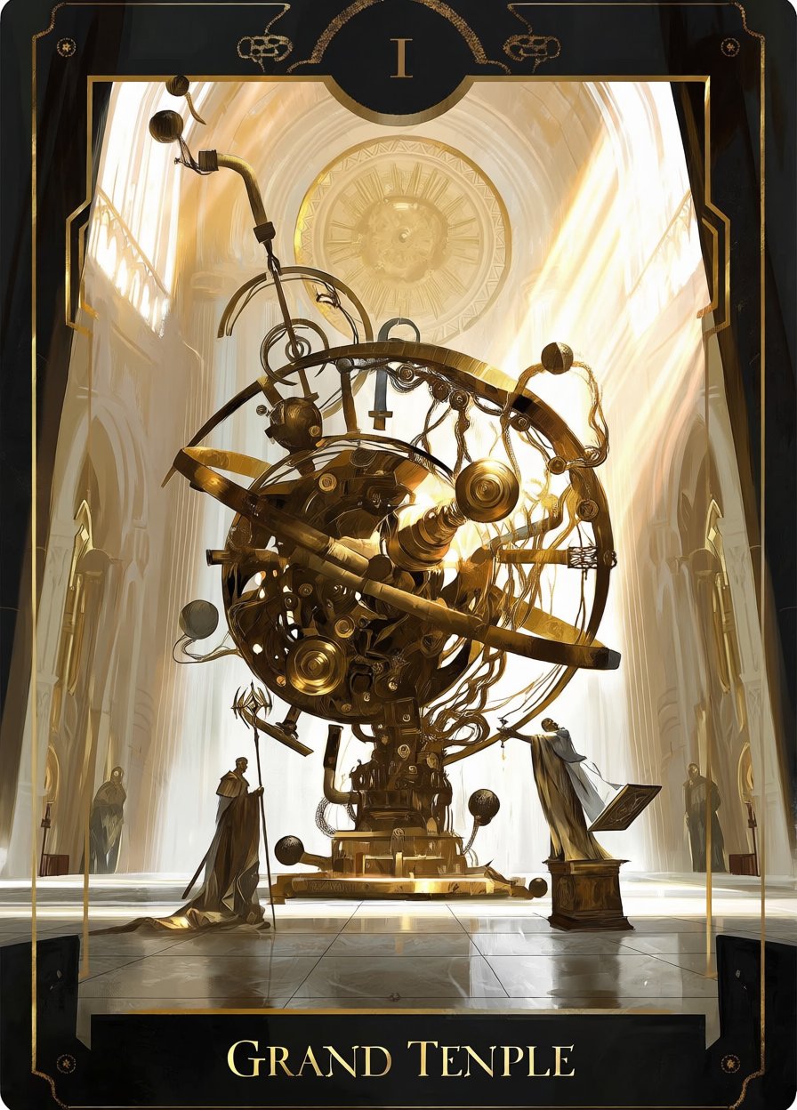 detailed image of tarot card artwork,  with text "Grand Temple" at the bottom. grand,  futuristic cathedral interior with...
