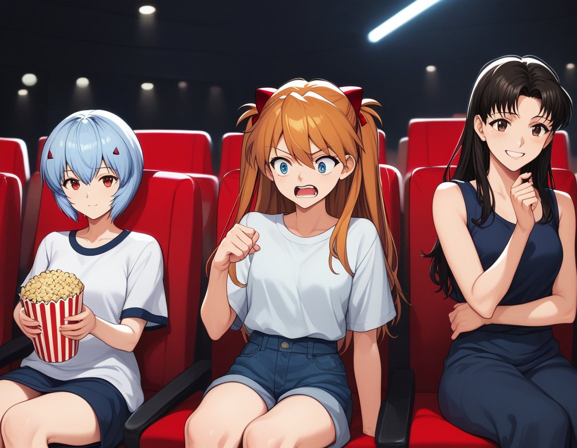 score_9, score_8, score_7, source_anime,rating_safe,3girls, movie theater, sitting, dark, indoorsBREAKayanami rei, smirk, popcornBREAKsouryuu asuka langley, shouting, looking at anotherBREAKkatsuragi misato, laughing