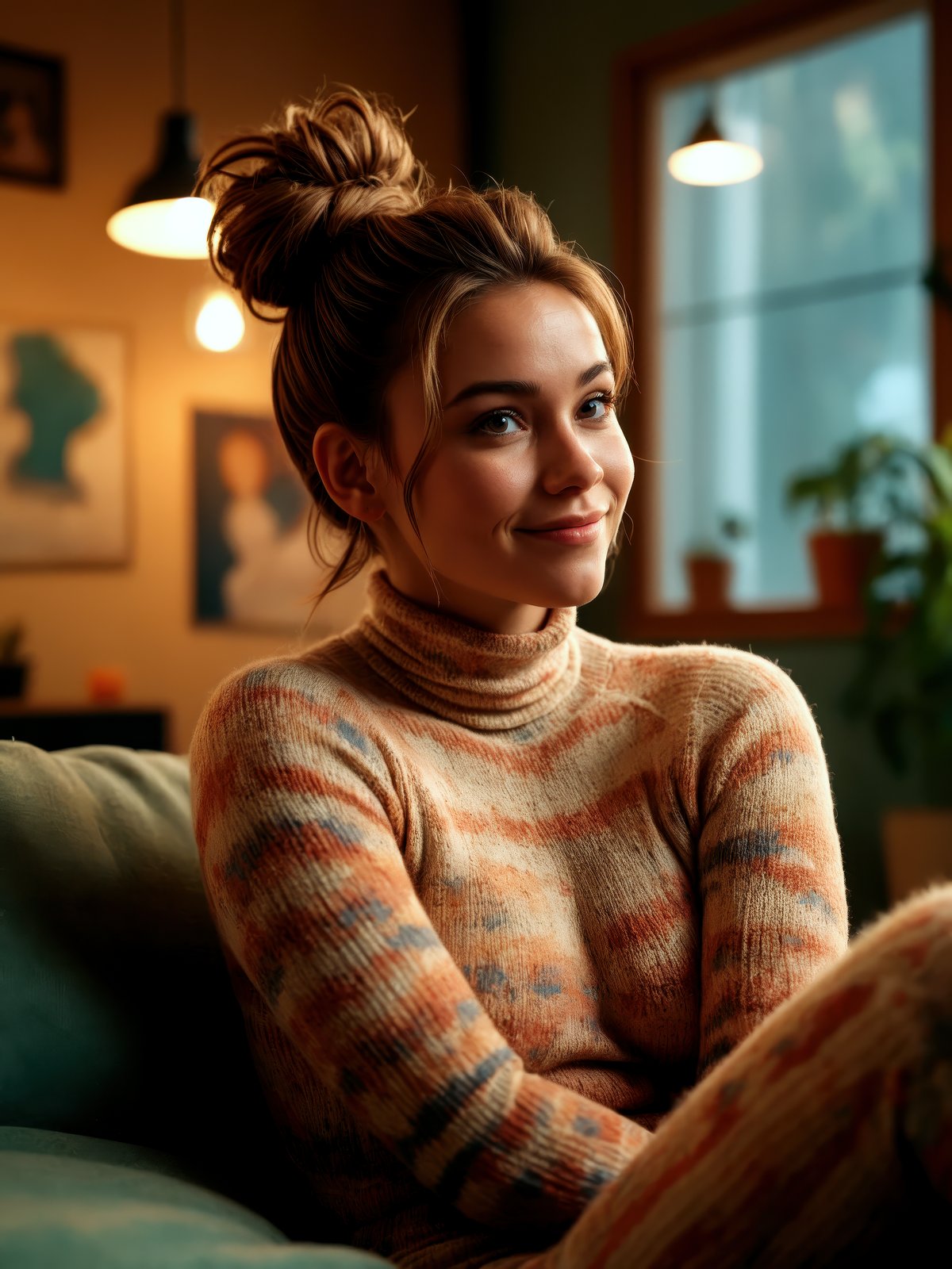 photo of a busty smiling woman with brown messy hairbun, looking shy from the side towards the camera, sitting in a cozy room, wooly knitted full bodysuit with pop-art print, very detailed, atmospheric haze, Film grain, cinematic film still, shallow depth of field, highly detailed, high budget, cinemascope, moody, epic, OverallDetail, gorgeous, 2000s vintage RAW photo, photorealistic, candid camera, color graded cinematic, eye catchlights, atmospheric lighting, skin pores, imperfections, natural, shallow dof