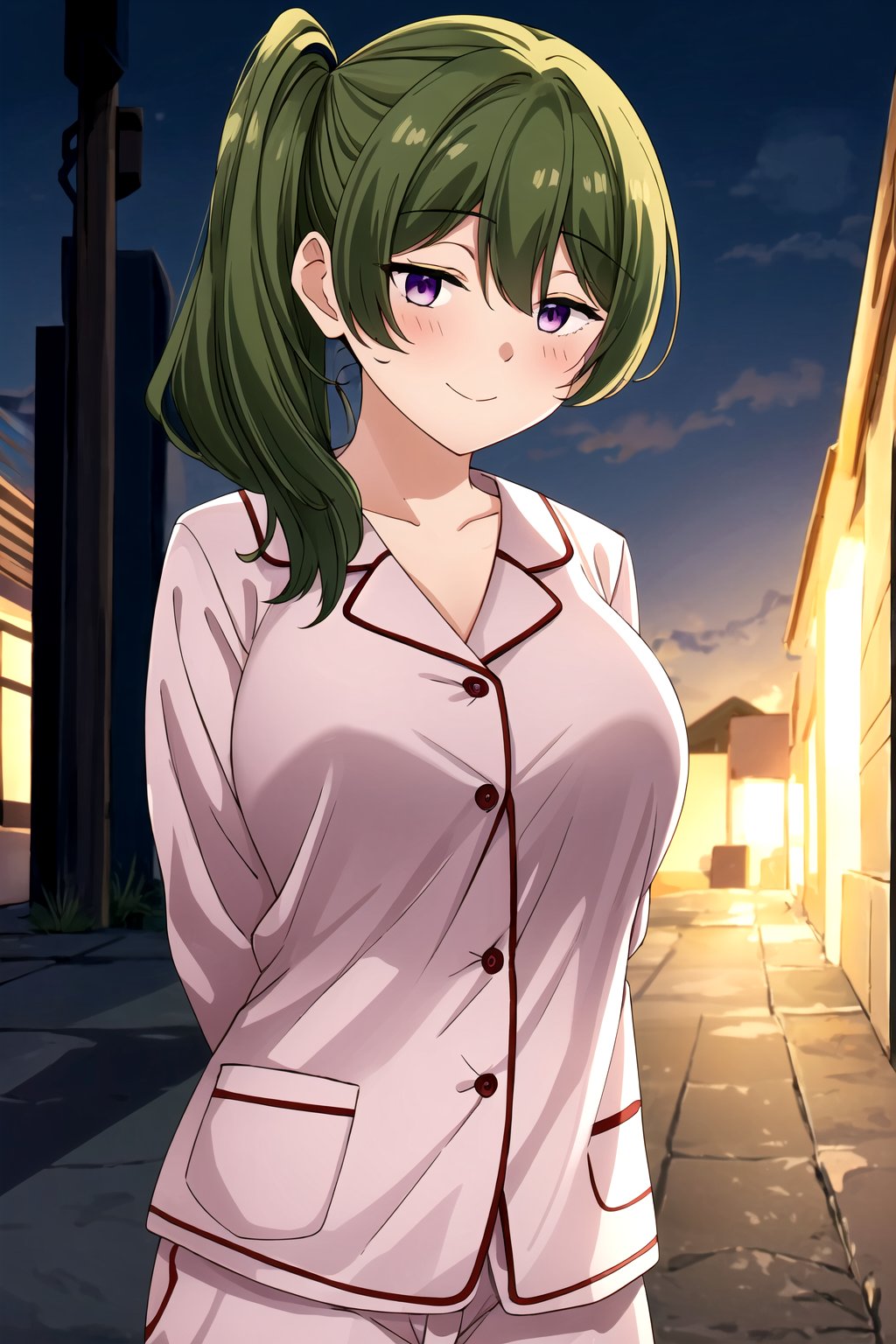 (masterpiece, best quality, highres, dynamic lighting), <lora:add_detail:0.4>, looking at viewer, blush, closed mouth, happy, mature female, large breasts, looking at viewer, outdoors, <lora:ubel-10:0.7>, ubel, side ponytail, pajamas, arms behind back