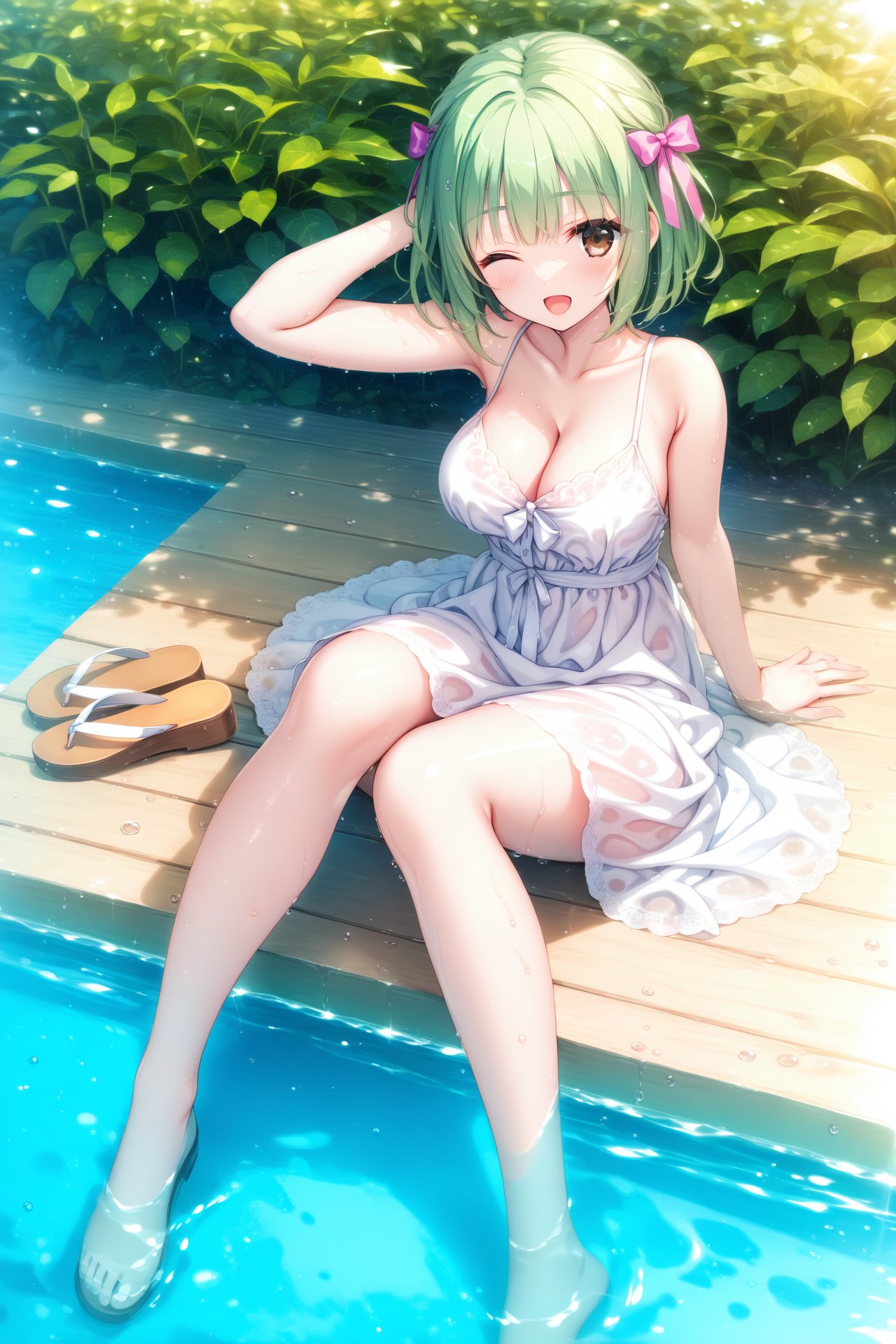 (masterpiece),(best quality),illustration,ultra detailed,hdr,Depth of field,(colorful),1girl,breasts,one eye closed,sandals,cleavage,solo,dress,wet clothes,wet,open mouth,sitting,green hair,smile,water,barefoot,sundress,;d,wet dress,short hair,arm support,large breasts,brown eyes,partially submerged,see-through,unworn sandals,hair bow,shoes,single shoe,white dress,medium breasts,arm up,bare shoulders,unworn shoes,looking at viewer,