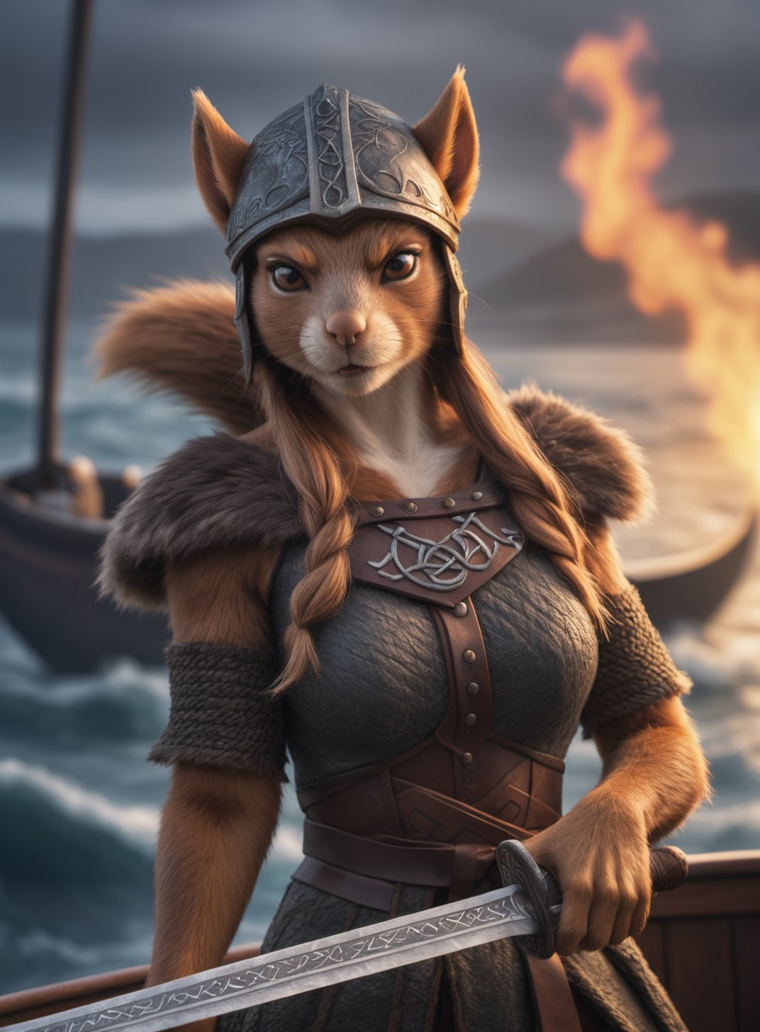 Closeup photo of an anthro viking squirrel female on his boat , epic pose, natural light, stormy sea, wearing a viking helmet and and viking outfit, runes , angry , burning viking ship in the background, holding a  viking sword with glowing runes, high quality photography, 3 point lighting, flash with softbox, 4k, Canon EOS R3, hdr, smooth, sharp focus, high resolution, award winning photo, 80mm, f2.8, bokeh