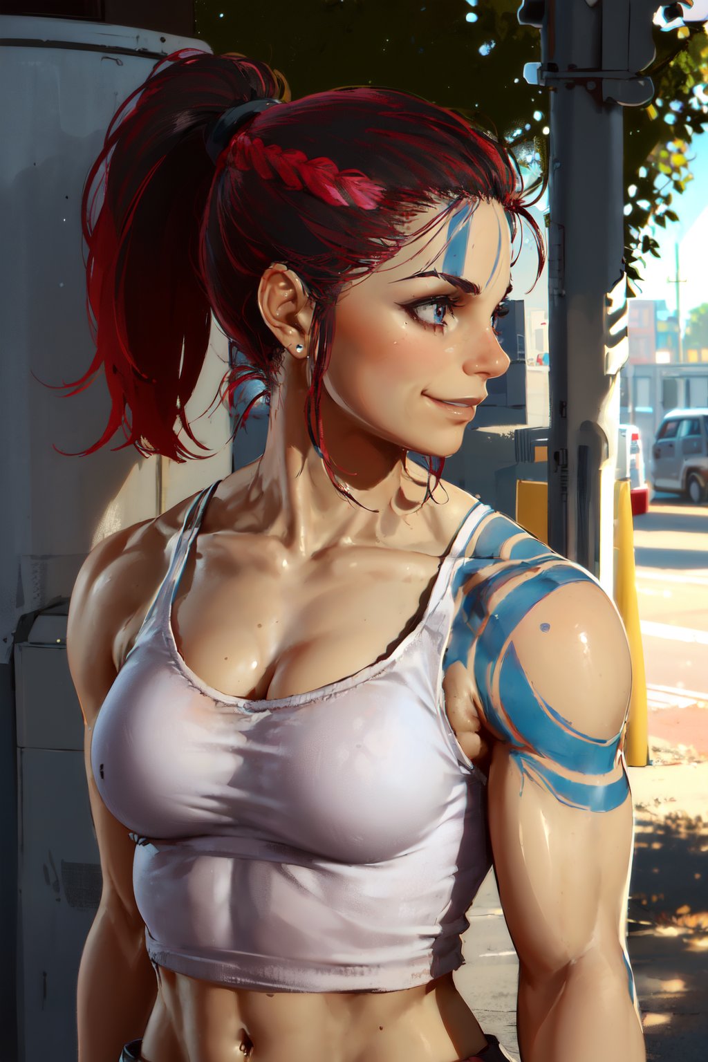 (((portrait, wearing white tank top, standing at busstop, side view, cute smile, sunny)))<lora:D4FemBarbLoRA:0.7> fembarbarian, ponytail, tattoos, pink short skirt, shoes,beautiful eyes, beautiful girl, high detail skin, high detail eyes, high detail hair, highres, ultra detailed, sharpen picture, Highly detailed, masterpiece, best quality, photorealistic, 