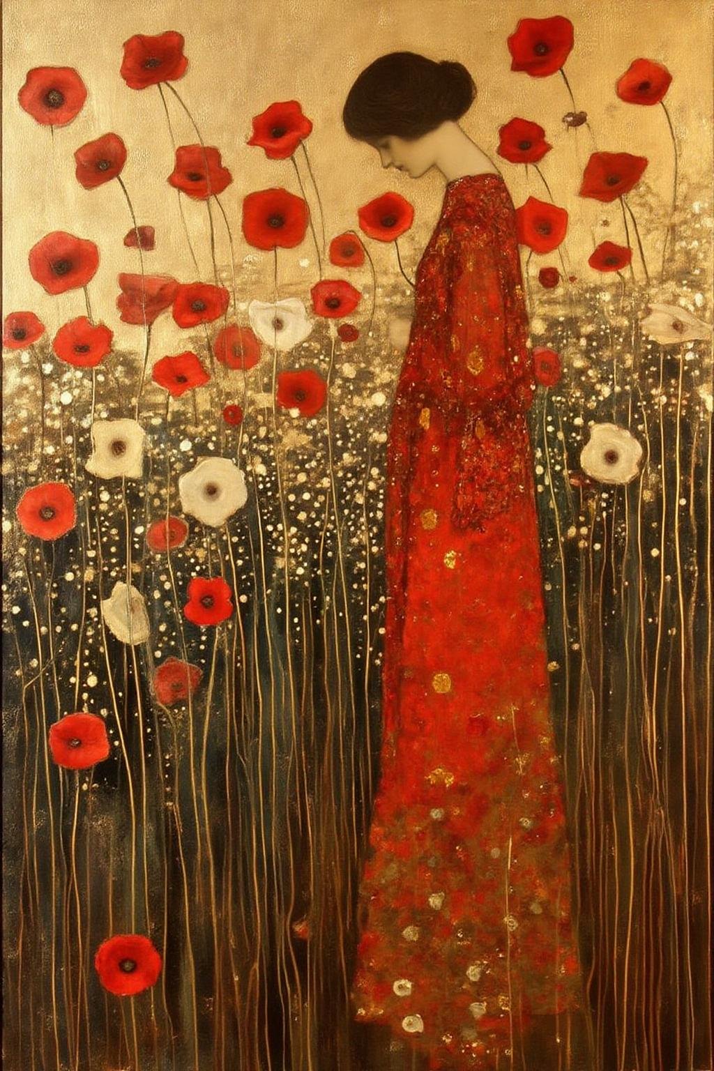 kl1mt painting.A woman standing in a field of tall,  slender flowers. She is depicted in profile,  wearing a long by Nobod...