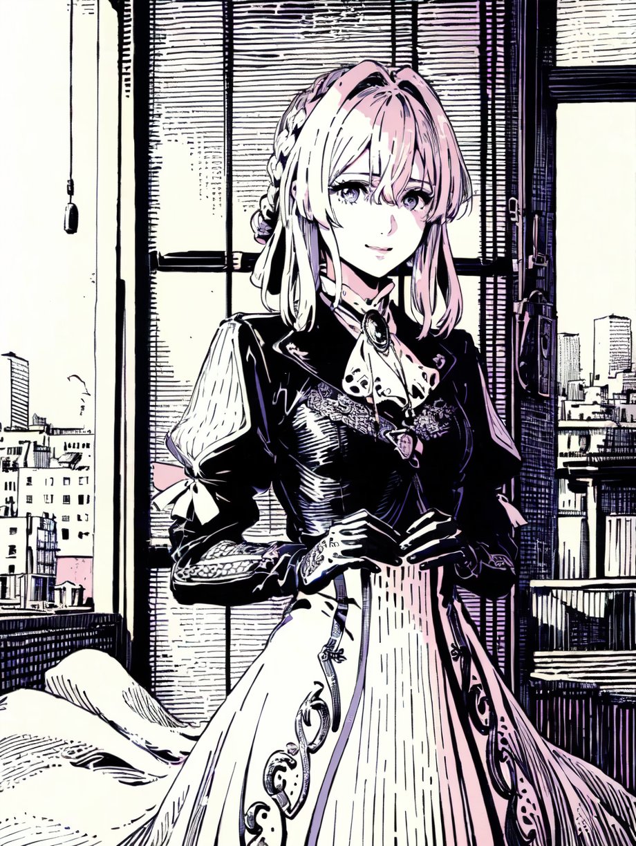 (((best quality,masterpiece,fine detailed,))),(line,black and white painting,black and white line drawing,smooth lines,monochrome,)1girl,look at the camera,solo,dynamic,lovely face,kind_smile,(mid_shot,whole body,),(dynamic,sexy figure),<lora:violet_evergarden_v1:0.8>,<lora:CJ PD:0.95>,1girl,VIOLET EVERGARDEN,BRAID,HAIR RIBBON,RED RIBBON,JEWELRY,WHITE ASCOT,BROOCH,JACKET,LONG SLEEVES,GLOVES,WHITE DRESS,LONG DRESS,, (best quality, high quality, masterpiece,),