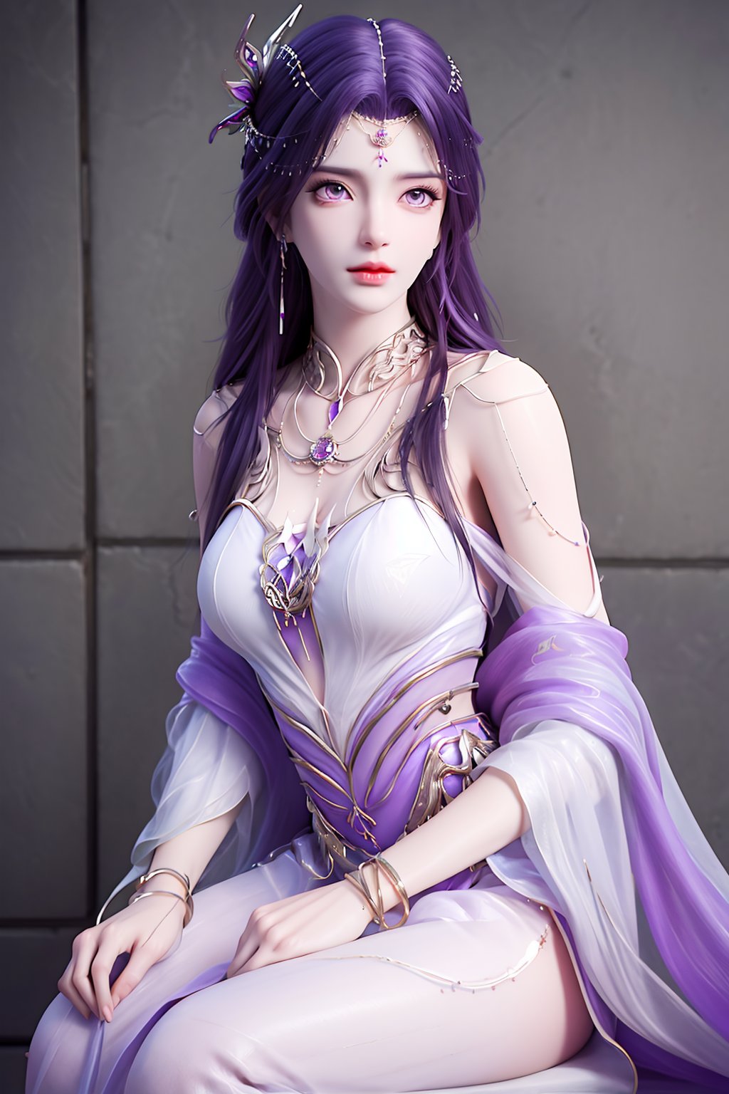 crystalstexture skin,best quality,masterpiece,ultra detailed,8k,RAW photo,realistic,photorealistic,ultra-detailed,intricate detail,extremely detailed,delicate pattern,masterpiece,looking at viewer,<lora:C_完美世界_云曦_天命石_FEB_1.1:0.7>,1girl,hair ornament,purple hair,solo,dress,strapless dress,long hair,jewelry,purple eyes,necklace,earrings,bare shoulders,sitting,