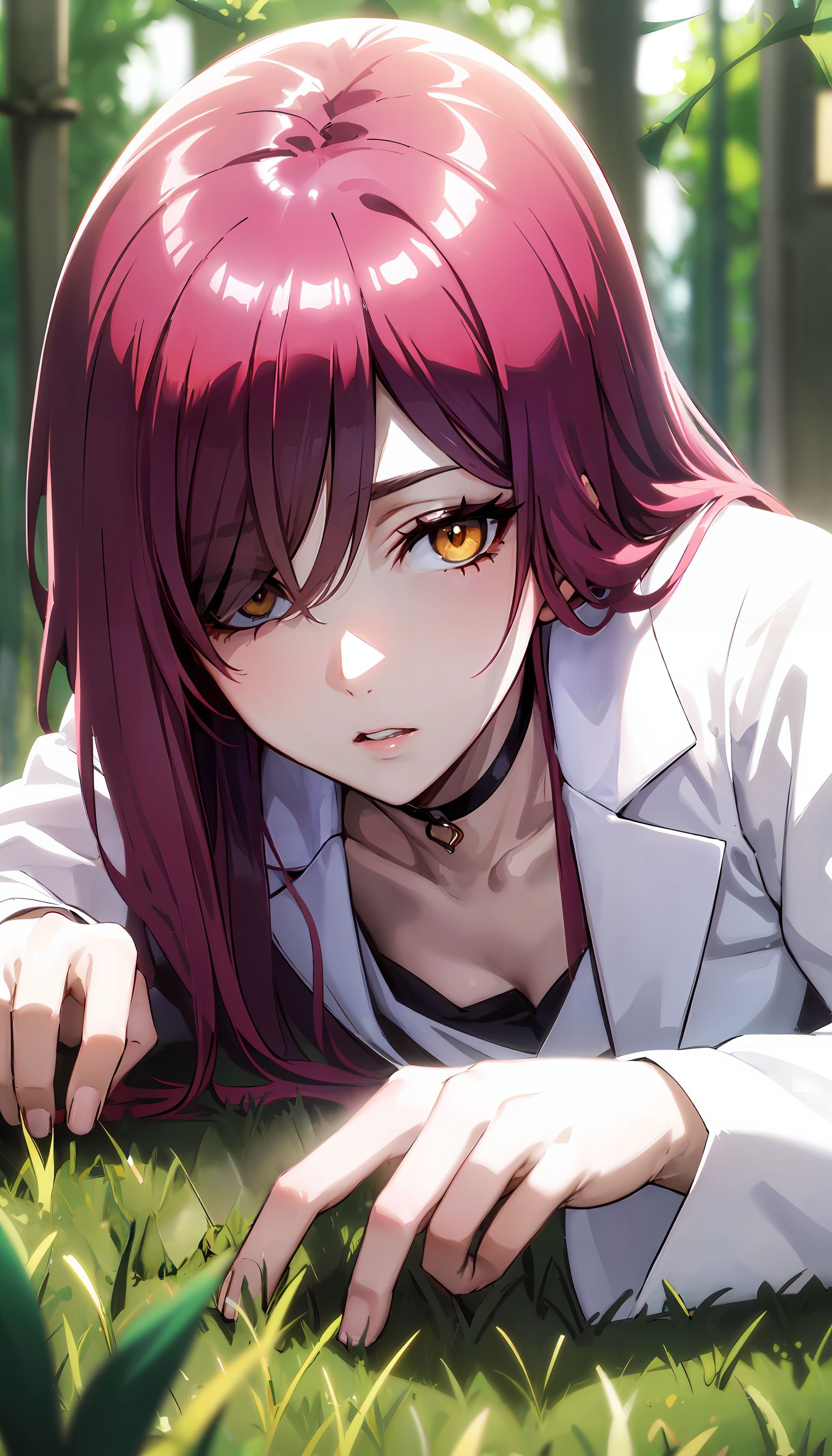 photorealistic, (4k), depth of field, (Masterpiece), (realistic skin texture), extremely detailed, intricate, hyper detailed, high resolution, sharp detail, best quality, woman, <lora:Laine:0.7> lab coat, long hair, pink hair, black choker, yellow eyes, one eye covered by hair, lying on side , outdoors, forest,  grass,  picking plants, bending over,