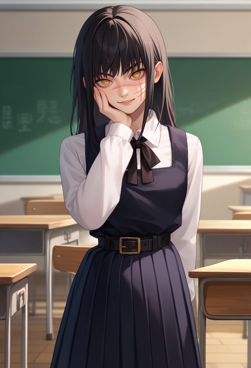 score_9, score_7_up, score_8_up, source_anime, solo, 1girl, yoru, scar on cheek, cross scar, evil smile, looking at viewer, standing, hand on own face, long hair, black hair, yellow eyes, ringed eyes, school uniform, black dress, pinafore dress, sleeveless dress, belt, white shirt, black ribbon, neck ribbon, long sleeves, indoors, classroom <lora:csm_yoru_mitaka_ponyXL:1>