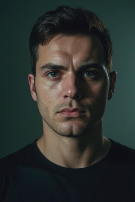 high quality, portrait photo of 30 y.o european man, wearing black shirt, serious face, detailed face, skin pores, cinematic shot, dramatic lighting, Fujifilm XT3, Canon R5, Fujicolor Fujichrome Velvia 100