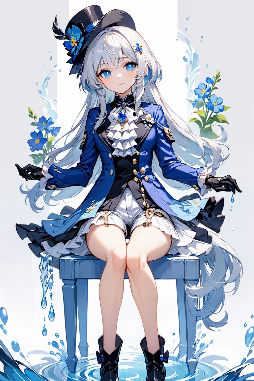 masterpiece,best quality,cinematic,dynamic lighting,Furina,1girl,solo,long hair,looking at viewer,smile,bangs,blue eyes,simple background,shirt,gloves,long sleeves,hat,white background,bow,hair between eyes,jewelry,sitting,closed mouth,blue hair,jacket,full body,white shirt,flower,ahoge,white hair,boots,frills,shoes,shorts,black gloves,white gloves,signature,water,black footwear,dated,ascot,thigh strap,crossed legs,blue jacket,brooch,blue headwear,blue flower,white shorts,tilted headwear,blue coat,<lora:原神水神芙宁娜XL:1>,