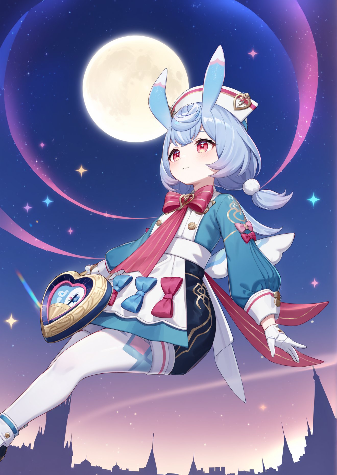 8k, best quality, masterpiece, (ultra-detailed), (high detailed skin), <lora:Sigewinne-A3-Tanger-000012:0.8>, Sigewinne, Sigewinne's def clothes, 1girl, red eyes, gloves, animal ears, rabbit ears, hat, white gloves, long sleeves, <lora:jijiav2-a3-Tanger-000005:0.8>, jjijia, 2d, anime, A magical girl flying through a night sky, with a full moon and twinkling stars above. Below her, a fantasy city with towering spires and glowing runes. Magic trails follow her flight, illuminating the sky with shimmering light. High contrast, vivid colors, dynamic pose, whimsical style, starry effects, ethereal glow, hd quality, natural look --ar 16:9 --v 6.0