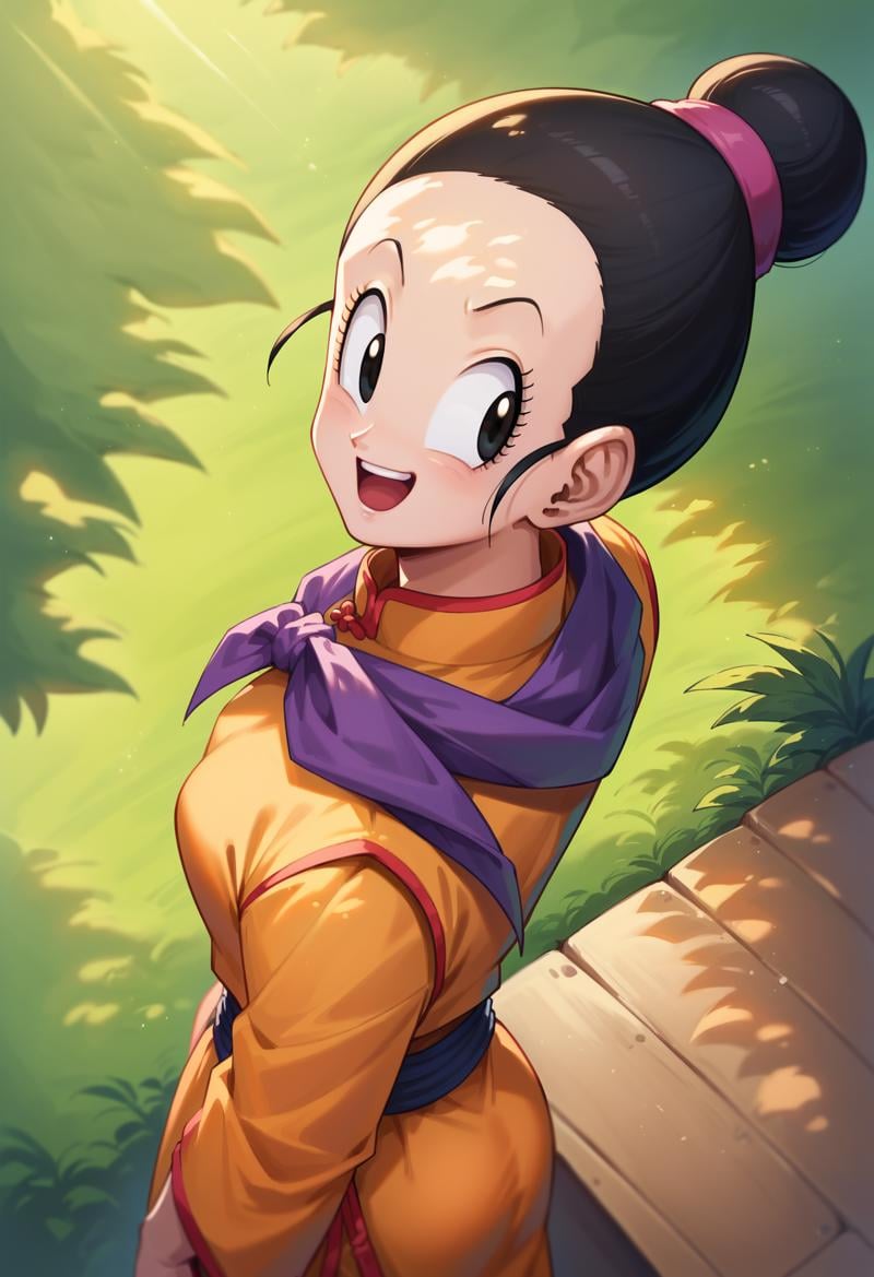 score_9, score_8_up, score_7_up,  <lora:ch1ch1:1> ch1ch1, chi-chi (dragon ball), solo, orange chinese clothes, purple scarf, (siting:1.2), happy face, detailed background, forest,Dappled Sunlight, from above, dynamic angle, from side