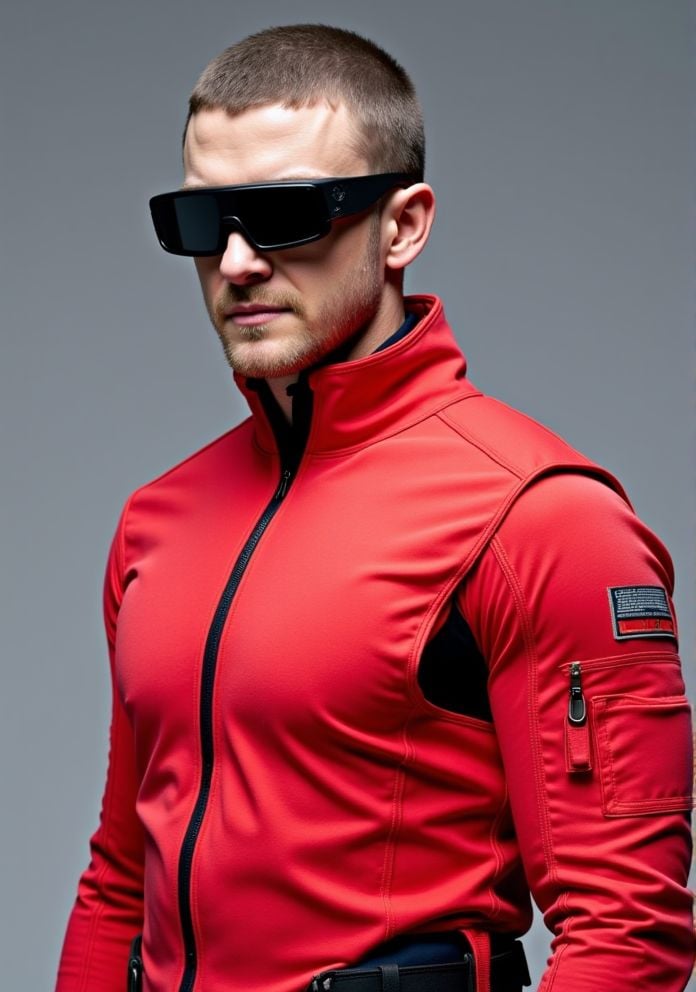 Justin Timberlake ,  Hi-res photo. He wears futuristic electronic glasses. He is wearing a light red,  close fitting fligh...