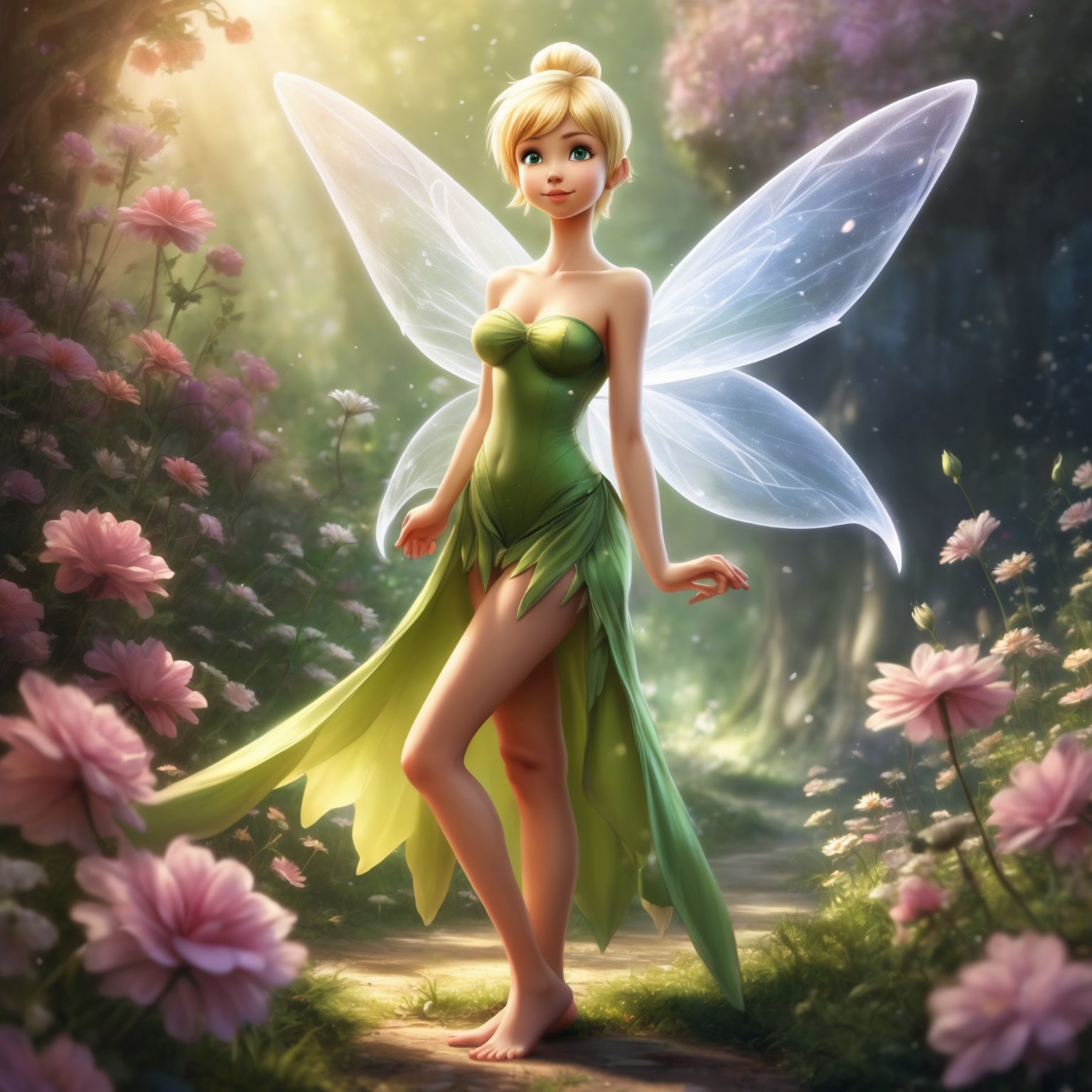 A realistic anime art rendered style of a beautiful full-body perfect hourglass figure Tinkerbell, wearing a strapless dress, she is standing next to a flower. The background is the fairy land.