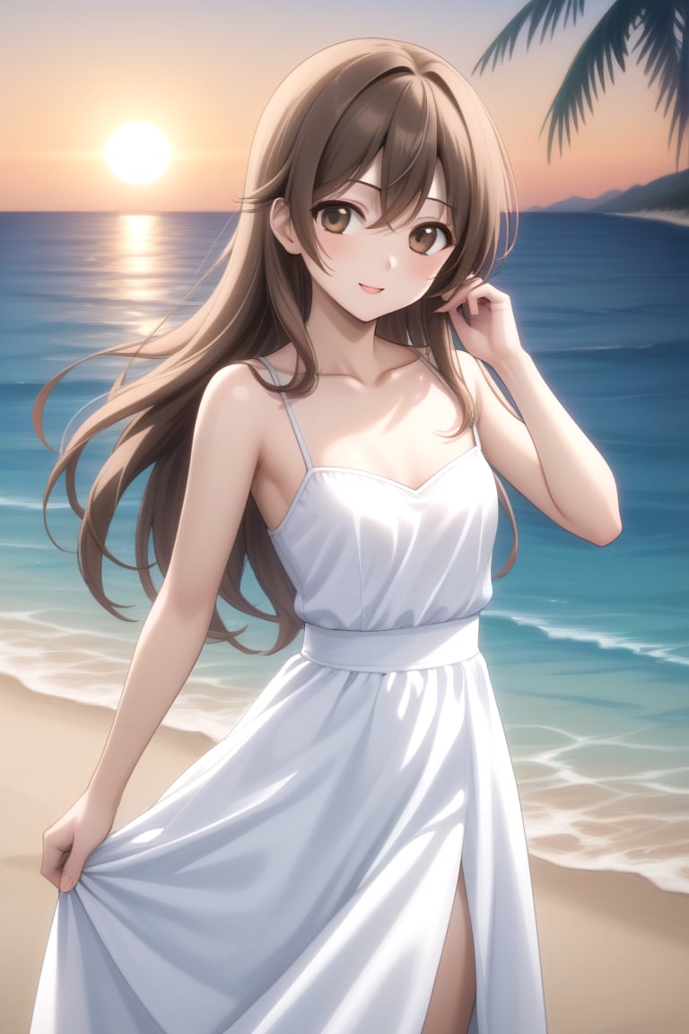 Highly detailed, High Quality, masterpiece, beautiful, BREAK 1boy, solo, ((male focus)), 16 years old, 1boy, Yuu, long hair, collarbone, brown eyes, Brown hair, ((male chest:1.5)),BREAK beach, palm trees, sea, outdoors, sunset,BREAK dress, white dress, bare shoulders, BREAK side view, Focus waist, standing<lora:EMS-332415-EMS:0.600000>, <lora:EMS-438743-EMS:0.800000>