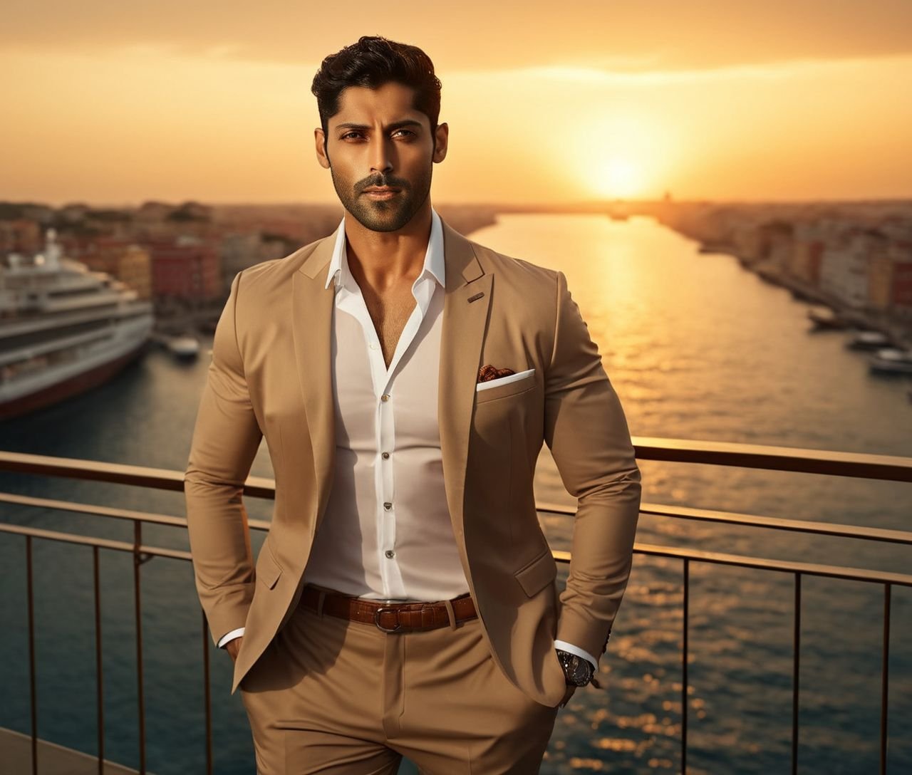 Nautical-themed of mahesh jadu a man in a tan suit standing on a balcony,  sun behind him,  inspired by Pablo Munoz Gomez...