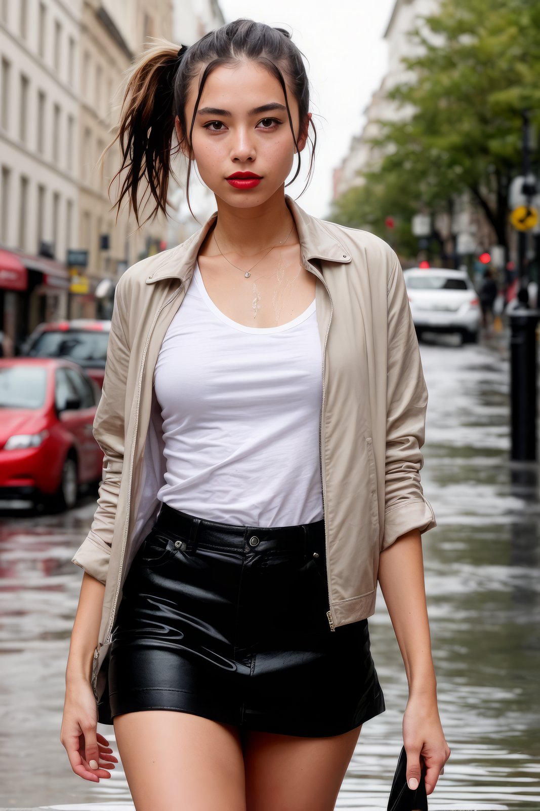 a young woman, street, ponytails, (muted colors:1.2), dramatic, complex background, soaking wet, red lipstick, realistic[:, (film grain, 25mm, f/1.2, dof, bokeh, beautiful symmetrical face, perfect sparkling eyes, well defined pupils, high contrast eyes, ultra detailed skin, skin pores, vellus hair, fabric stitching, fabric texture, wood grain, stone texture, finely detailed features:1):0.9]