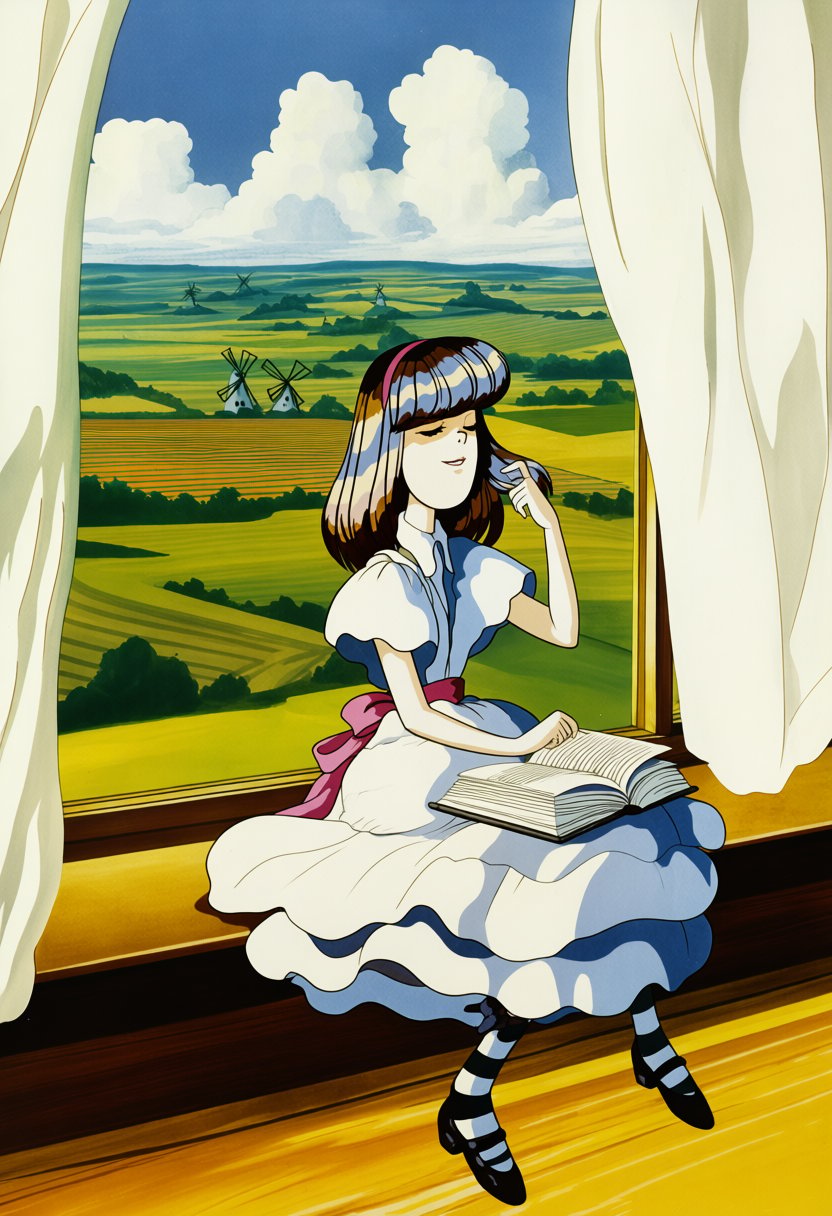 A warm,  painterly illustration in classic Studio Ghibli-inspired watercolor style shows AliceTLG,  a girl with shoulder-l...
